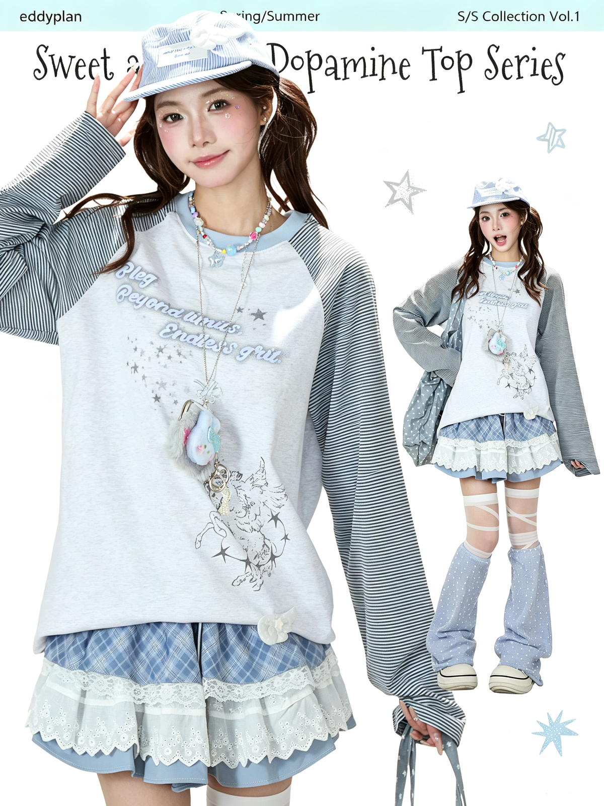 Striped Raglan Angel Graphic Long Sleeve Tee & Blue Plaid Lace Ruffle Skirt