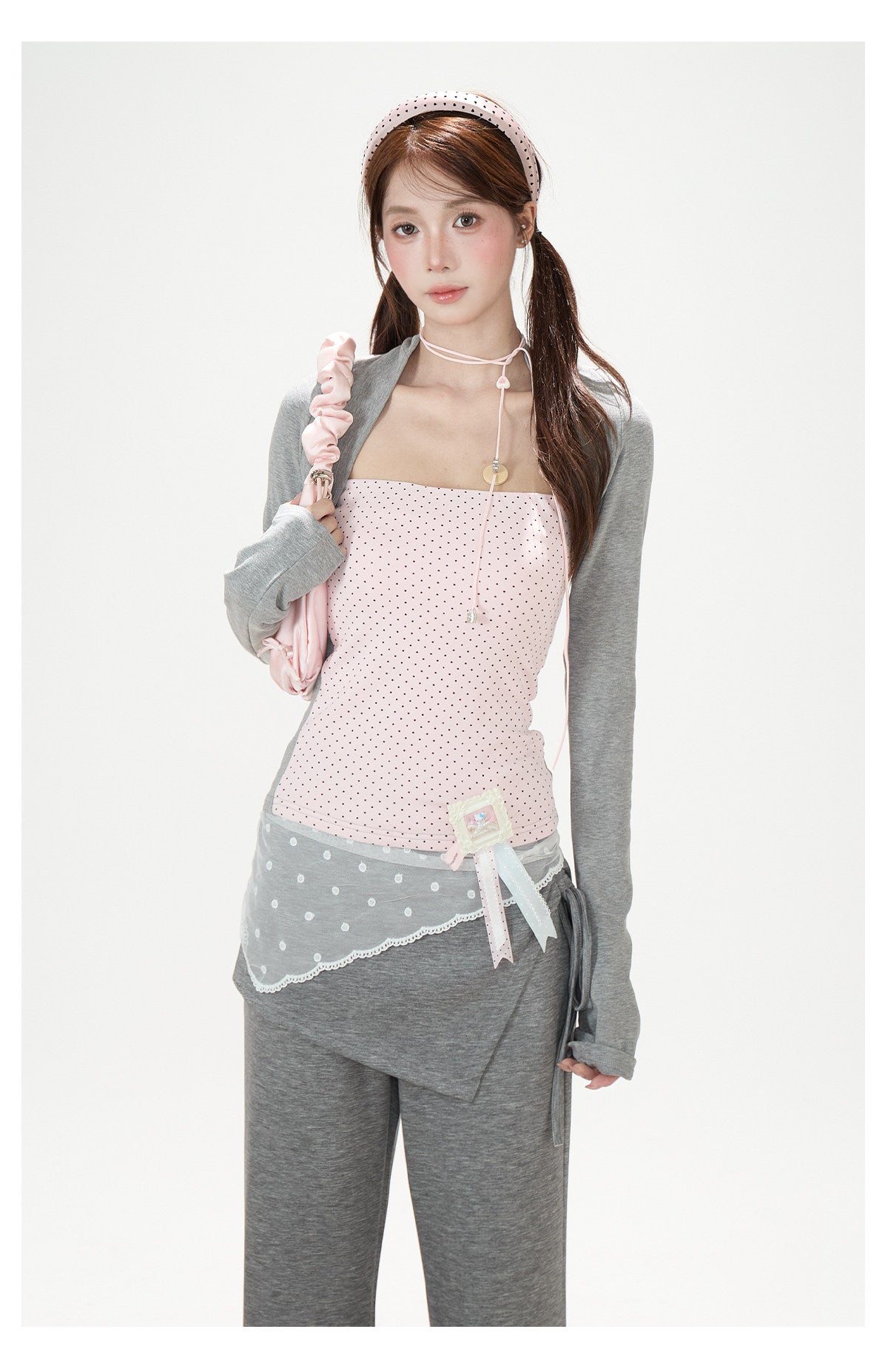 Polka-Dot Layered Cami Long Sleeve Top & Gray Flared Pants