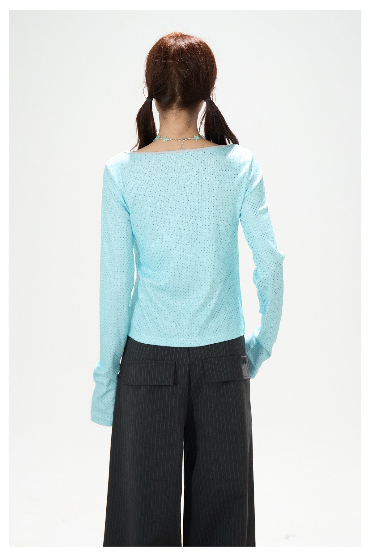 Polka-Dot Tie-Front Layered Long Sleeve Top & Pinstripe Button Wide-Leg Pants