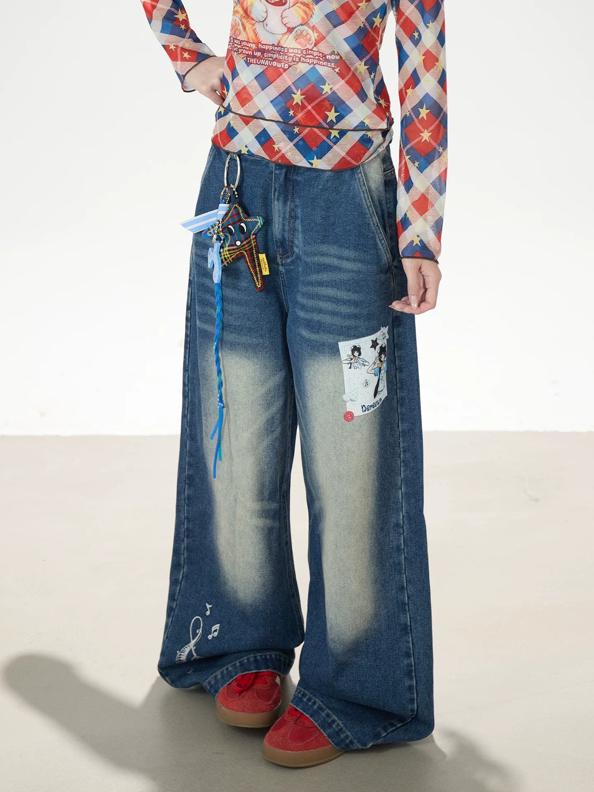 Cartoon Patch Washed Wide-Leg Jeans