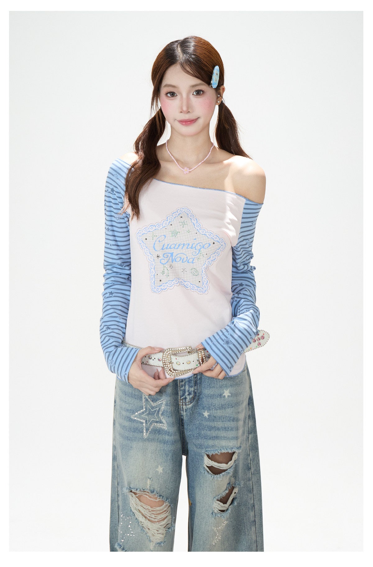 Star Stripe Off-Shoulder Long Sleeve Top & Graphic Star Wide-Leg Pants