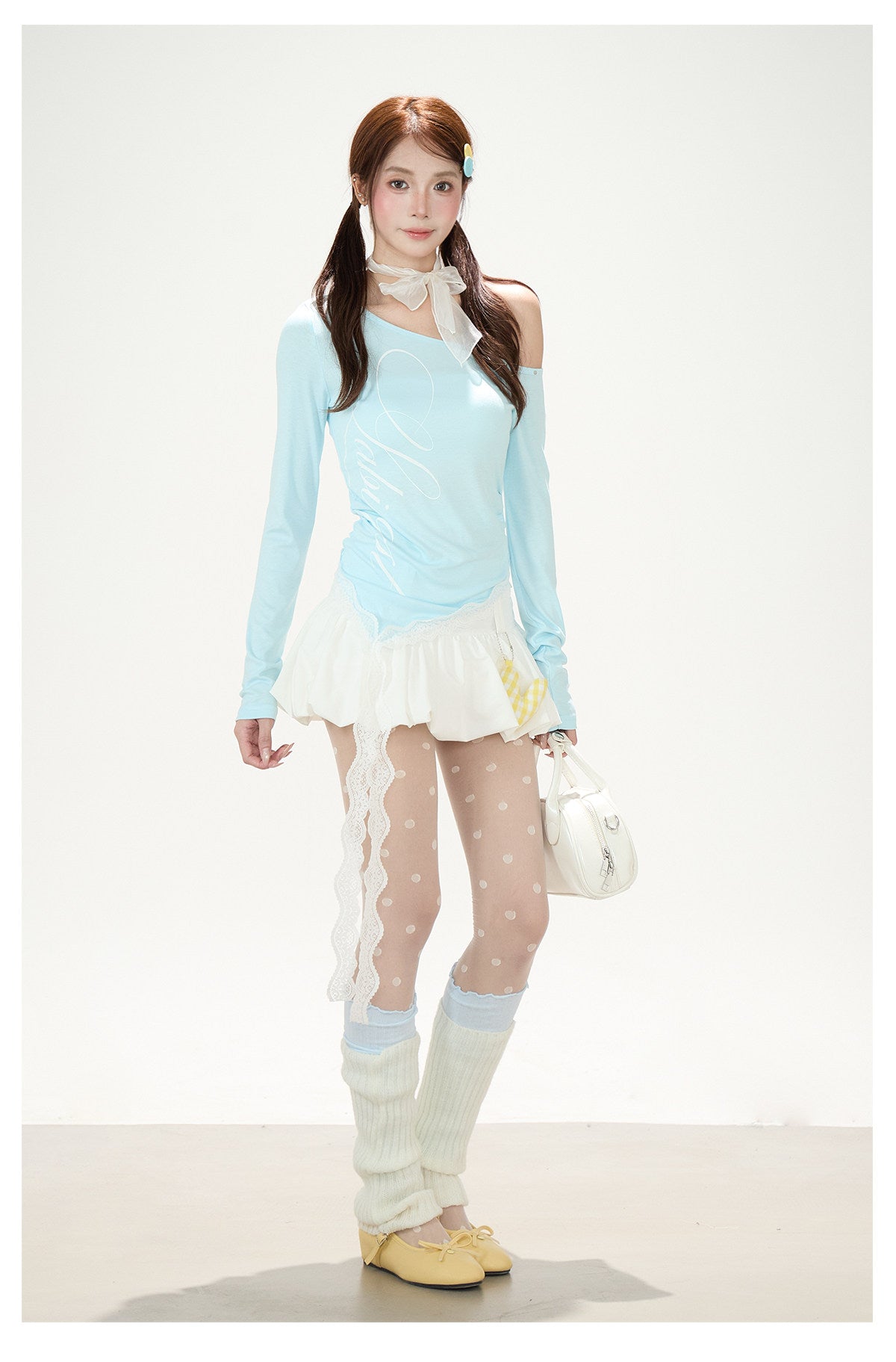 Ballet Ribbon Off-Shoulder Long Sleeve Top & White Ruffle Mini Skirt