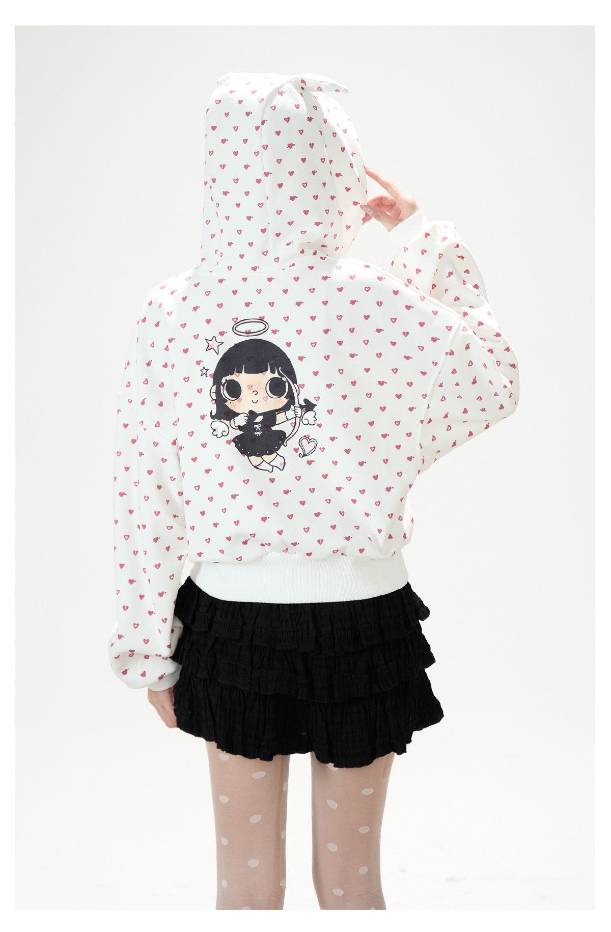 Heart Print Zip-Up Hoodie & Black Tiered Ruffle Mini Skirt