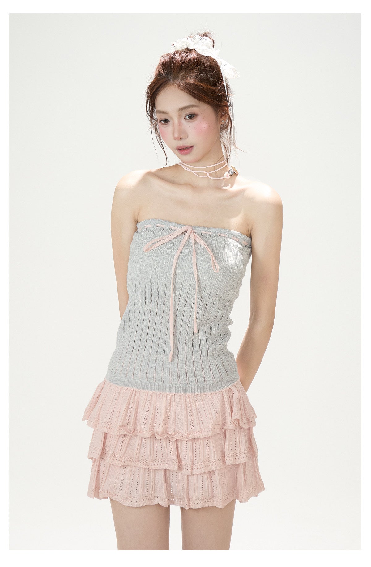 Pointelle Bow Cardigan & Cami Knit Set & Tiered Ruffle Mini Skirt