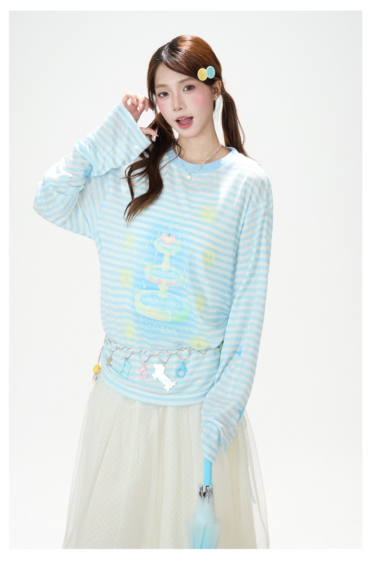Pastel Stripe Cartoon Drawstring Long Sleeve Top & Khaki Wide-Leg Pants