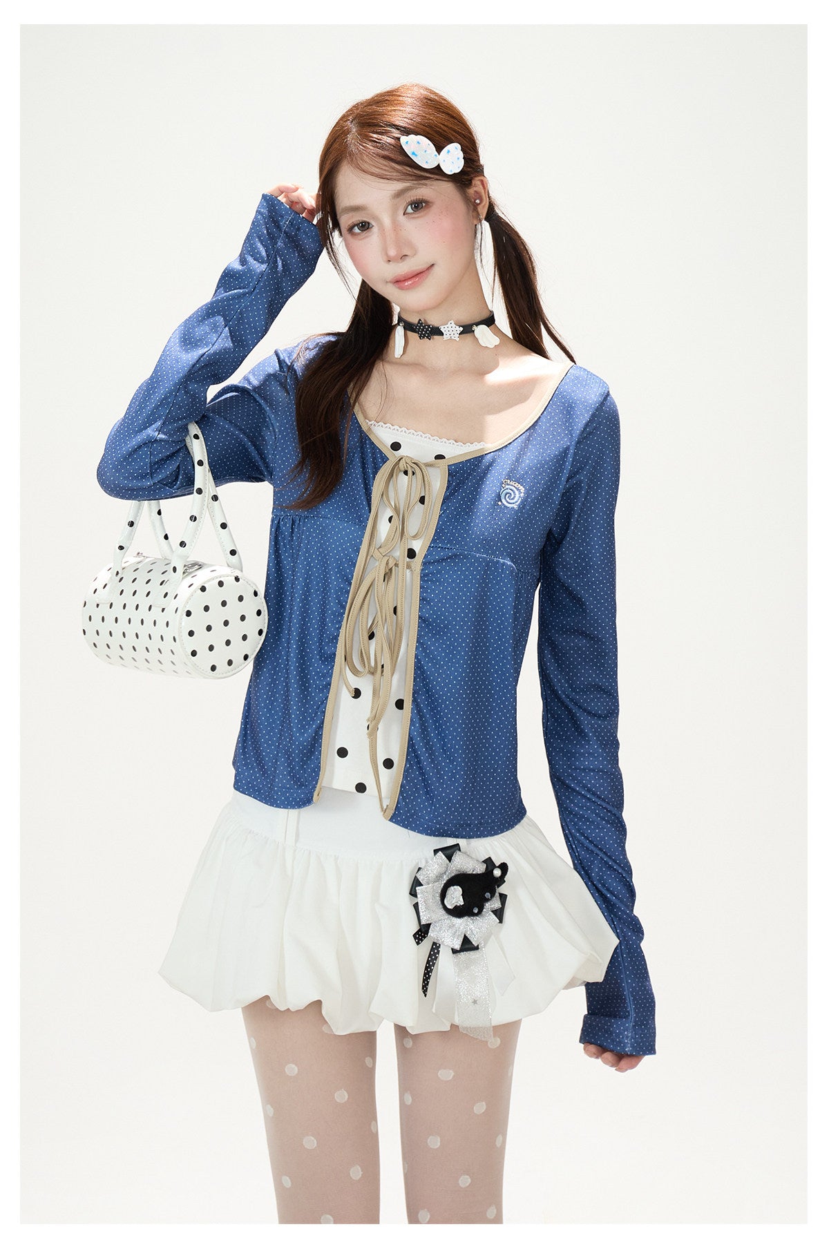 Polka-Dot Tie-Front Layered Long Sleeve Top & Pinstripe Button Wide-Leg Pants