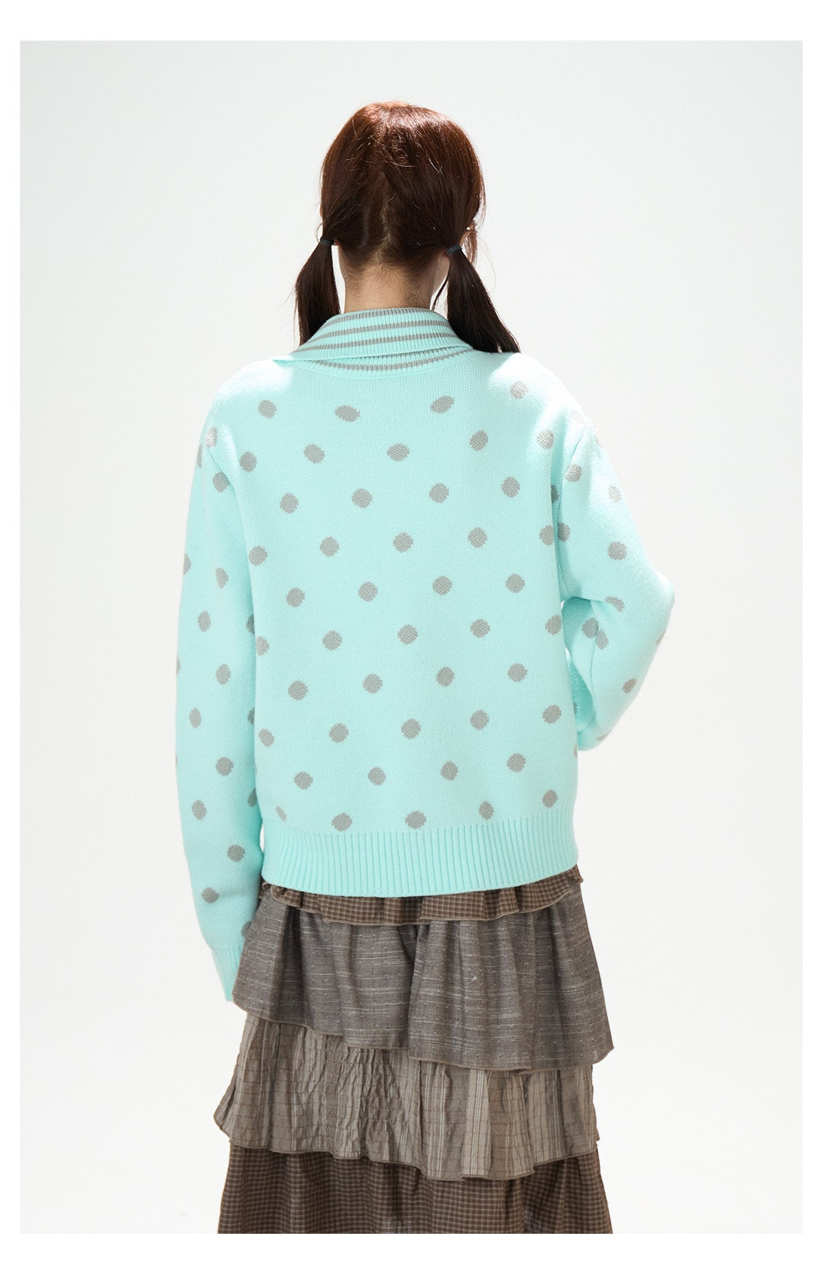 Polka-Dot Asymmetric Knit Cardigan & Tiered Midi Skirt