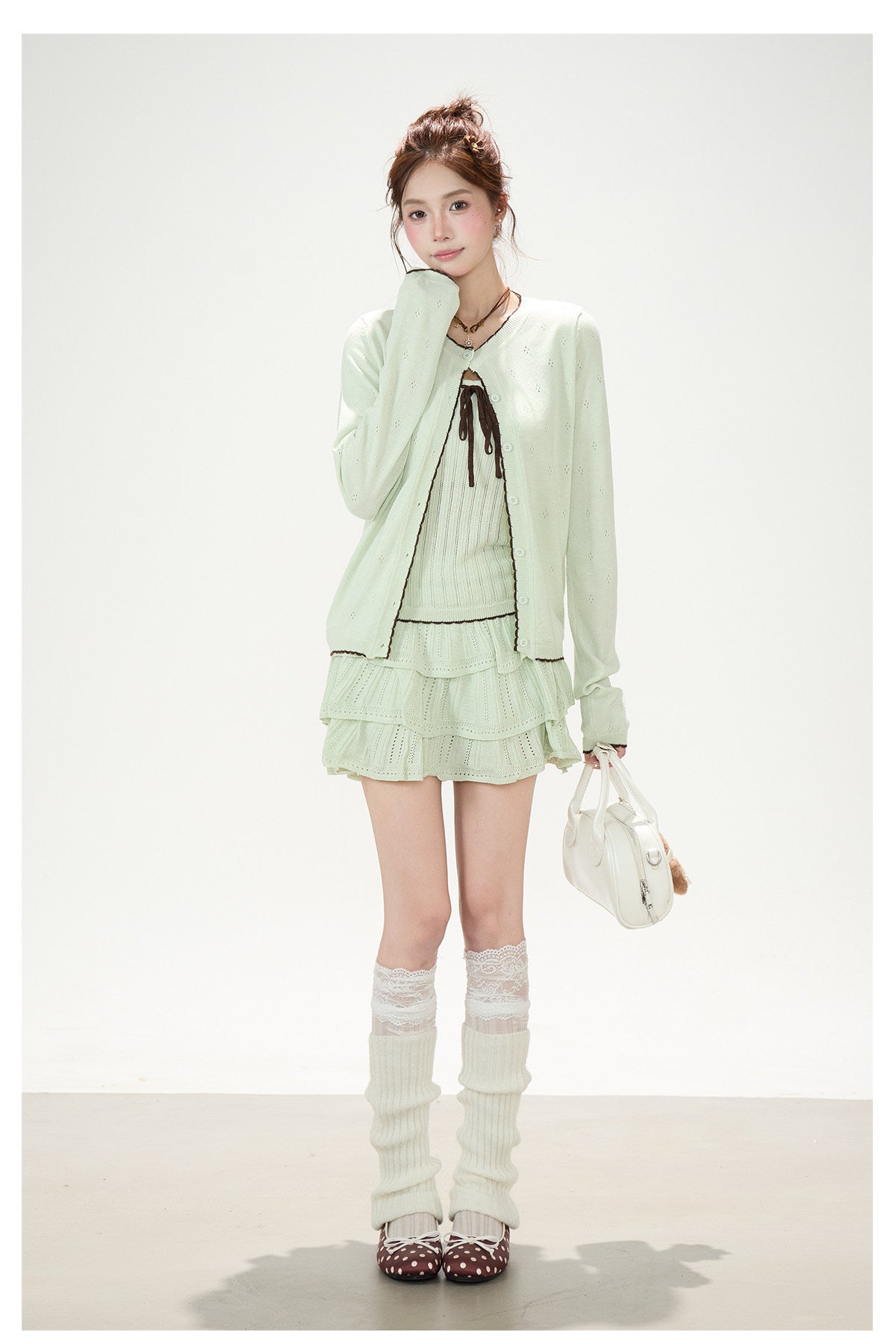 Pointelle Bow Cardigan & Cami Knit Set & Tiered Ruffle Mini Skirt