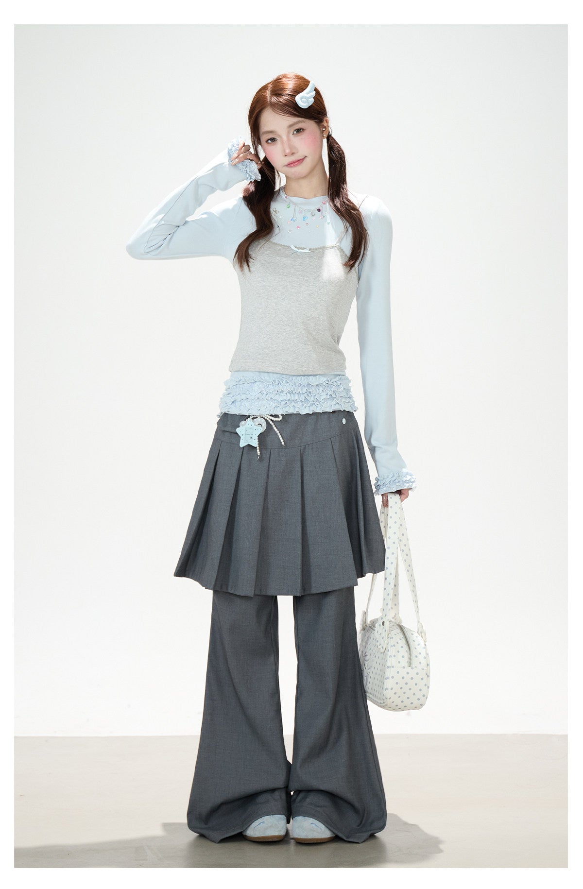 Ruffle Hem Layered Cami Long Sleeve Top & Washed Wide-Leg Jeans