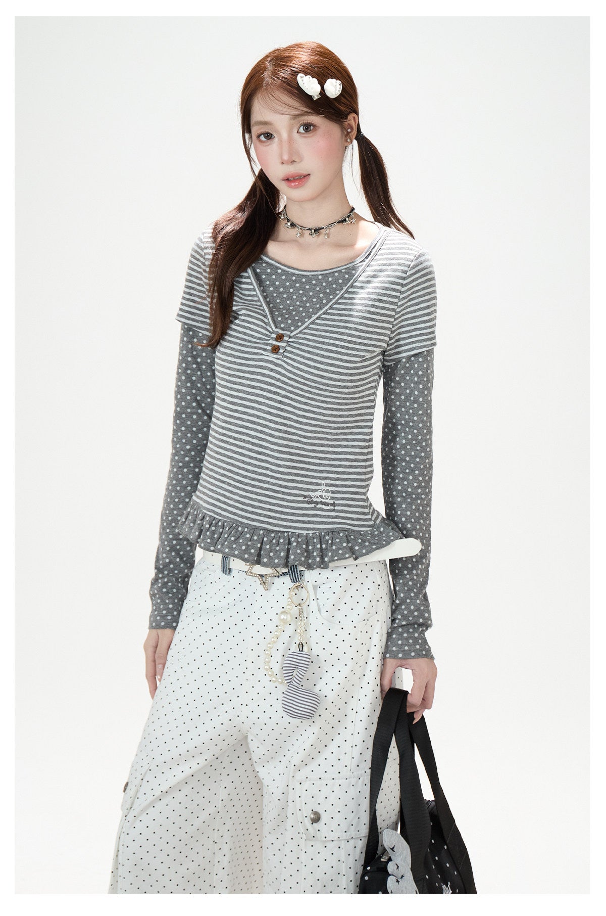 Polka-Dot Stripe Layered Long Sleeve Top & Embroidered Khaki Wide-Leg Cargo Pants