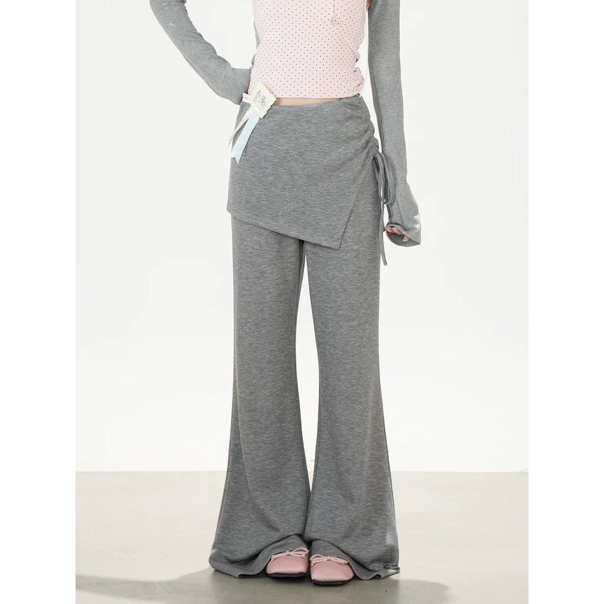 Polka-Dot Layered Cami Long Sleeve Top & Gray Flared Pants