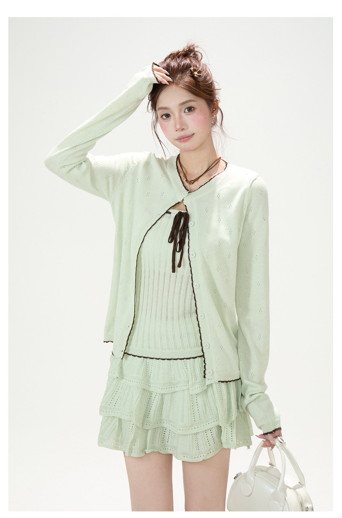 Pointelle Bow Cardigan & Cami Knit Set & Tiered Ruffle Mini Skirt