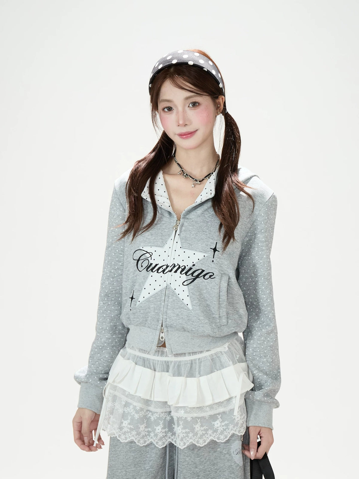 Star Polka-Dot Cropped Zip-Up Hoodie & Gray Wide-Leg Sweatpants