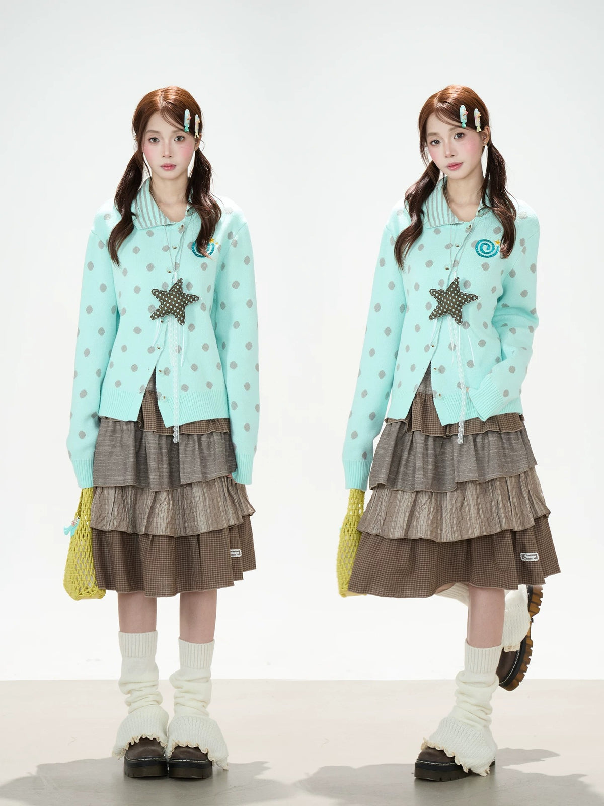 Polka-Dot Asymmetric Knit Cardigan & Tiered Midi Skirt