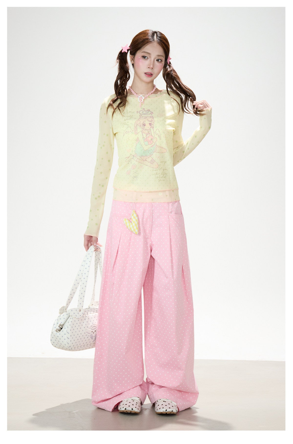 Anime Star Polka-Dot Mesh Long Sleeve Top & Bunny Graphic Wide-Leg Jeans