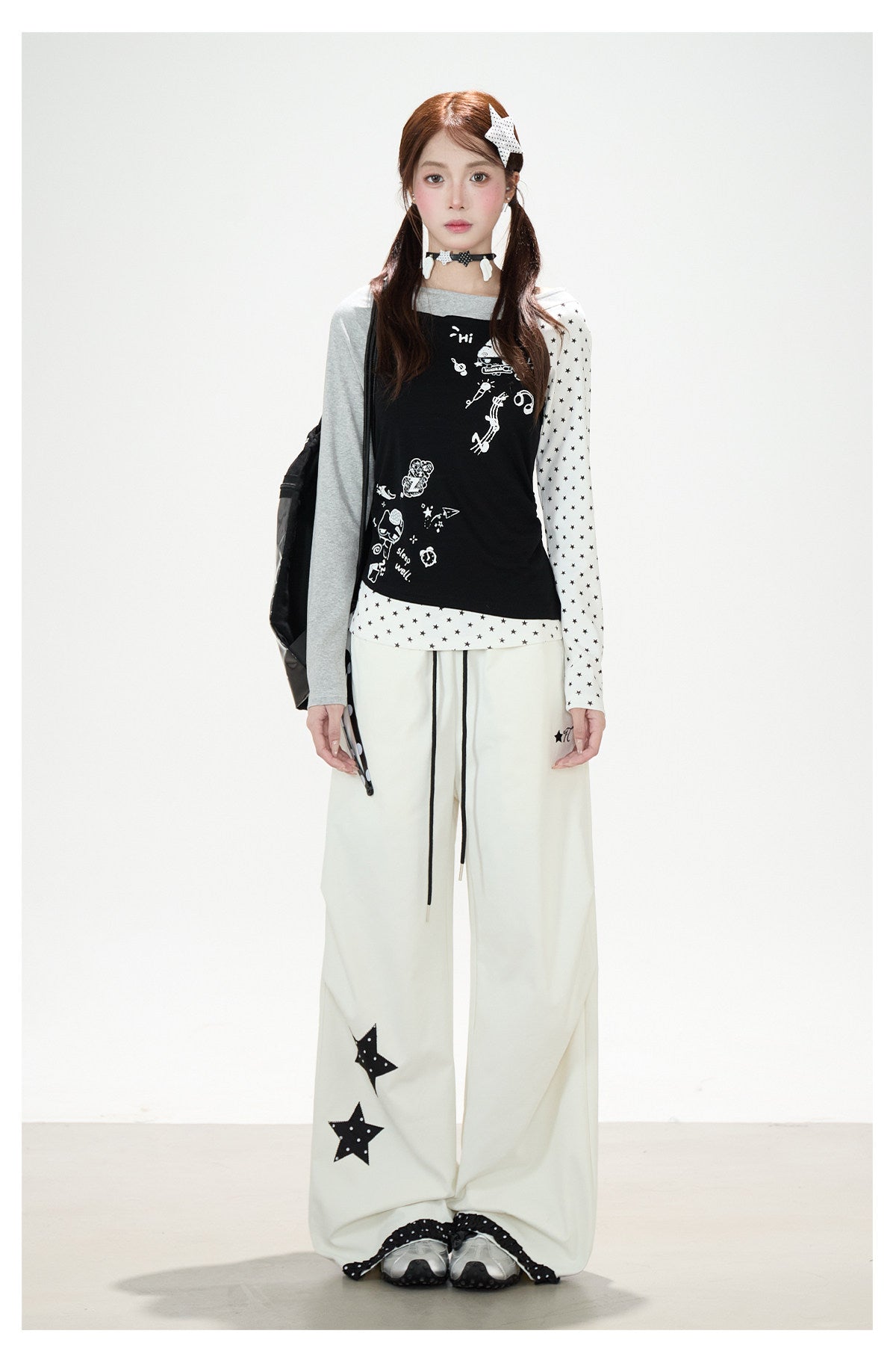 Star Polka-Dot Patchwork Wide-Leg Cargo Pants