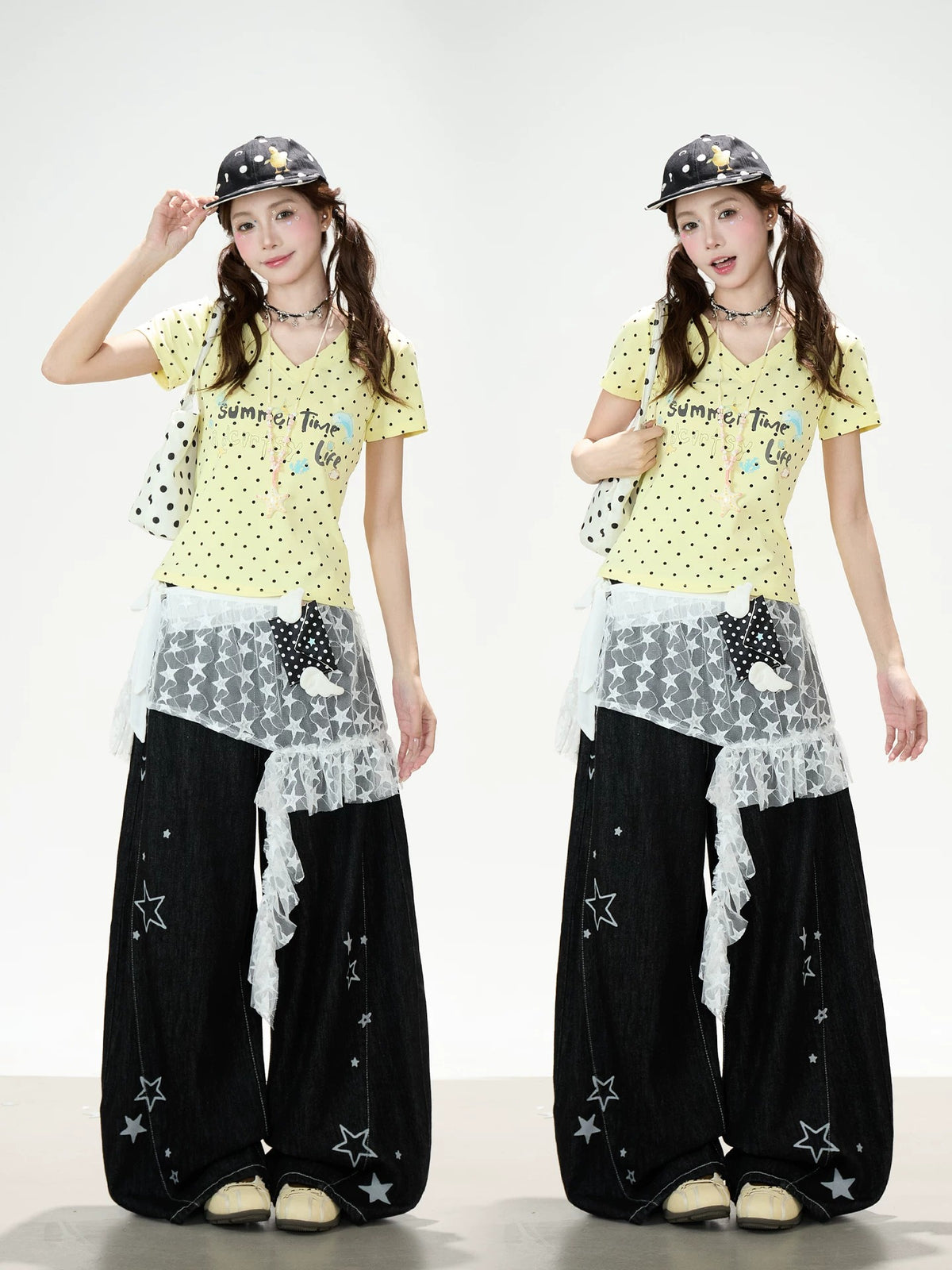 Star Print Lace Layered Wide-Leg Jeans