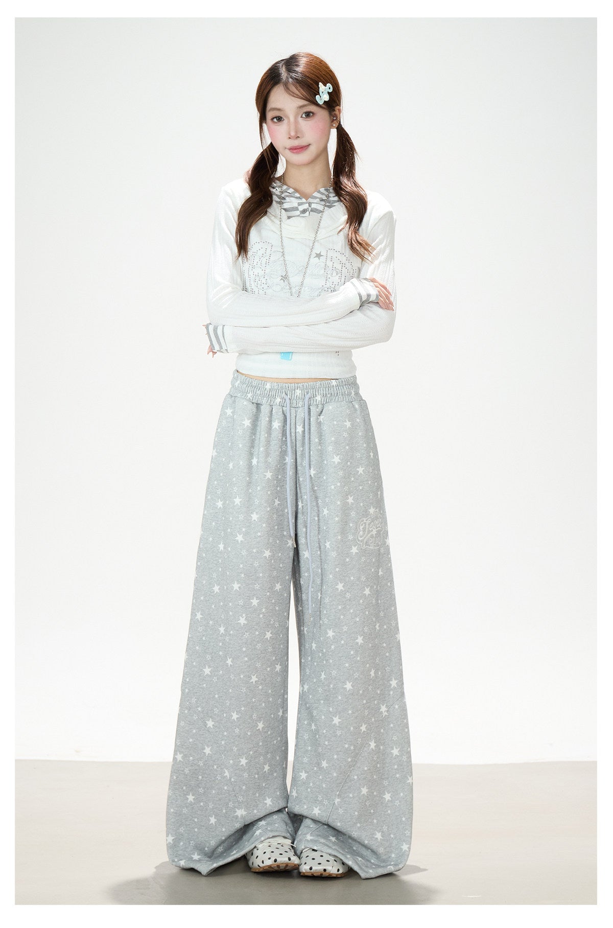 Cowl-Neck Hooded Layered Long Sleeve Top & Gray Wide-Leg Pants