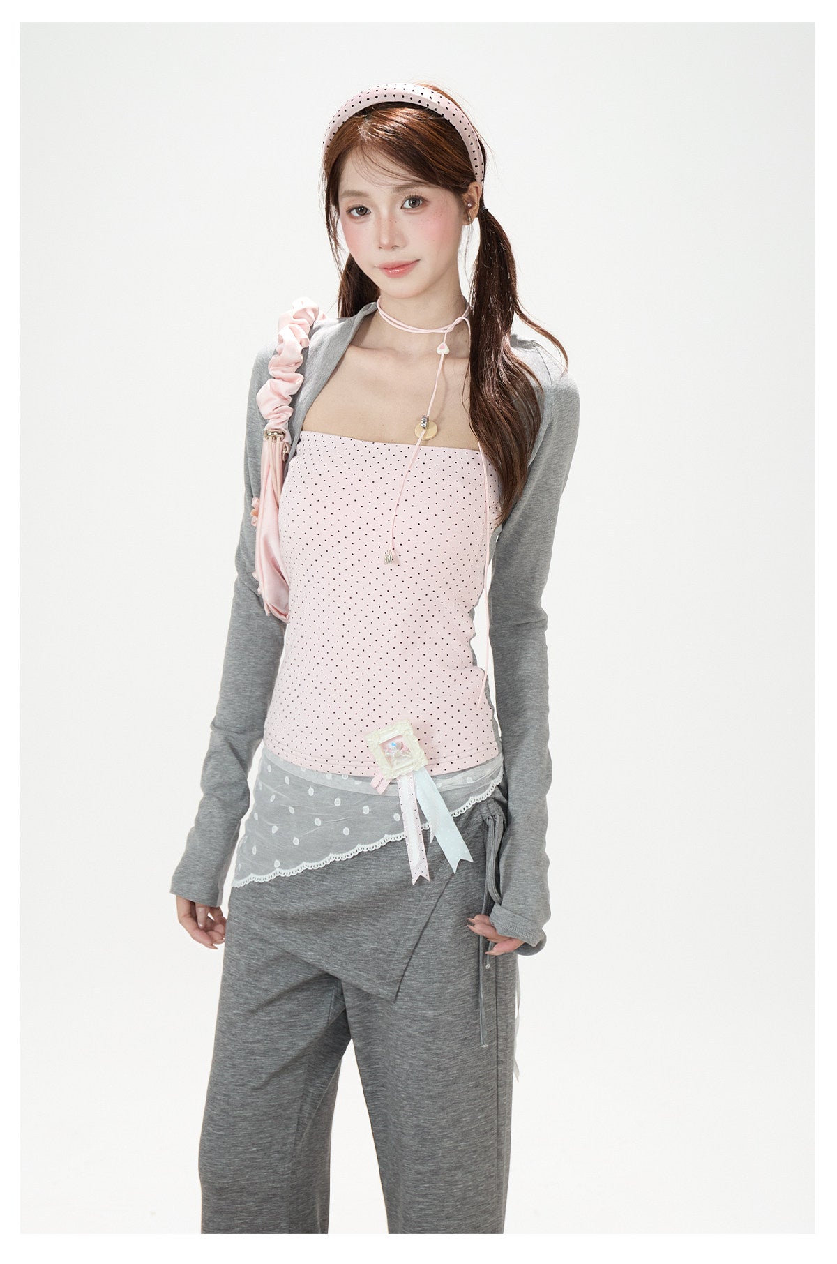 Polka-Dot Layered Cami Long Sleeve Top & Gray Flared Pants