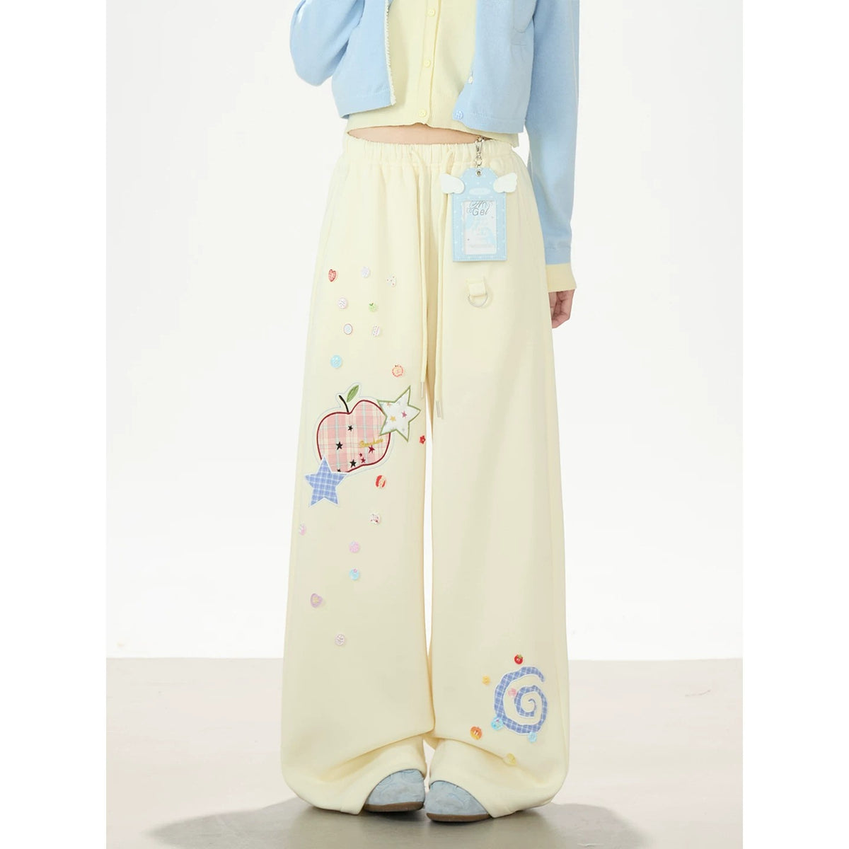 Faux Layered Soft Knit Cardigan & Apple Star Patch Wide-Leg Pants