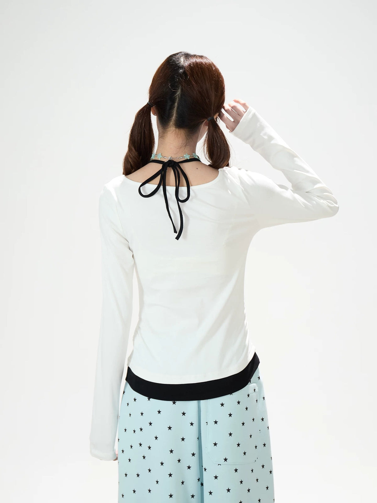 Contrast Halter Layered Long Sleeve Top & Allover Star Wide-Leg Sweatpants