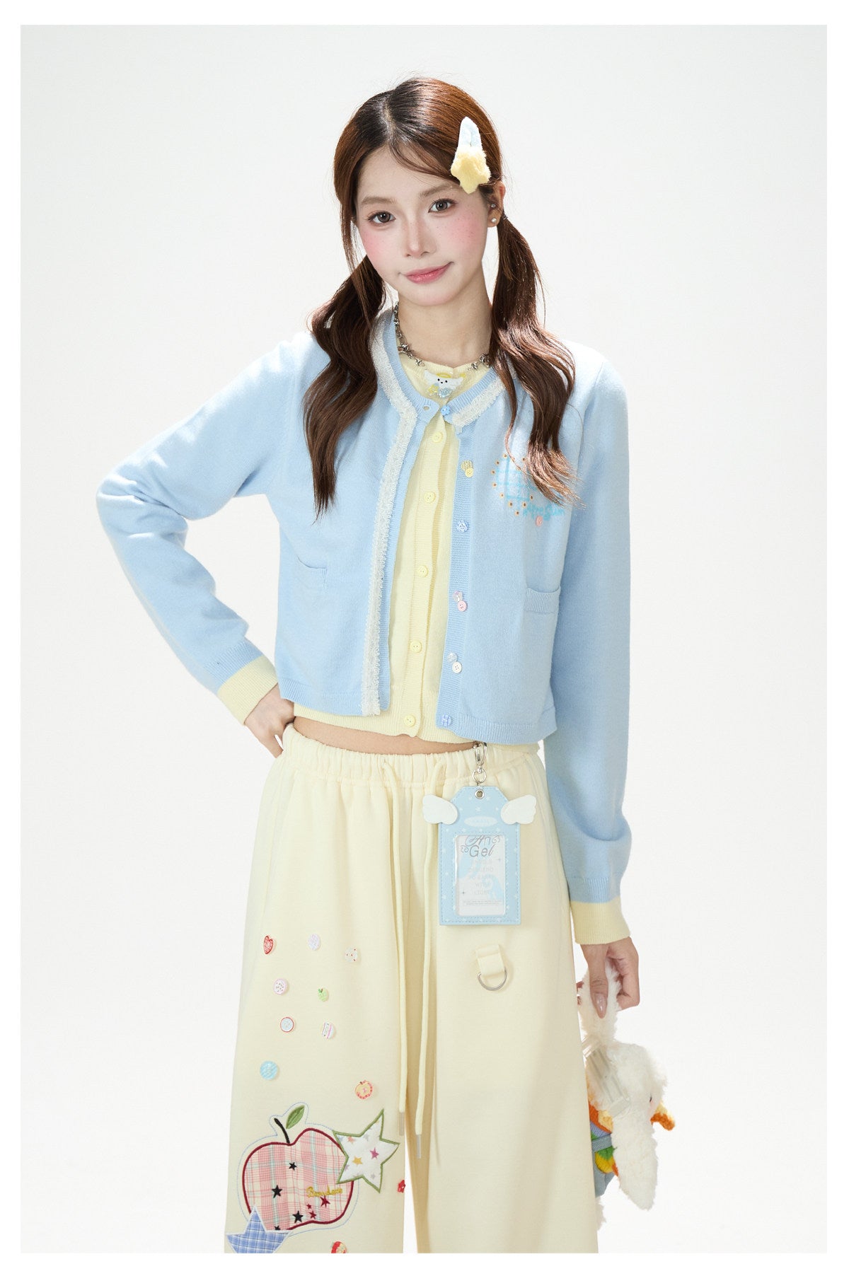Faux Layered Soft Knit Cardigan & Apple Star Patch Wide-Leg Pants