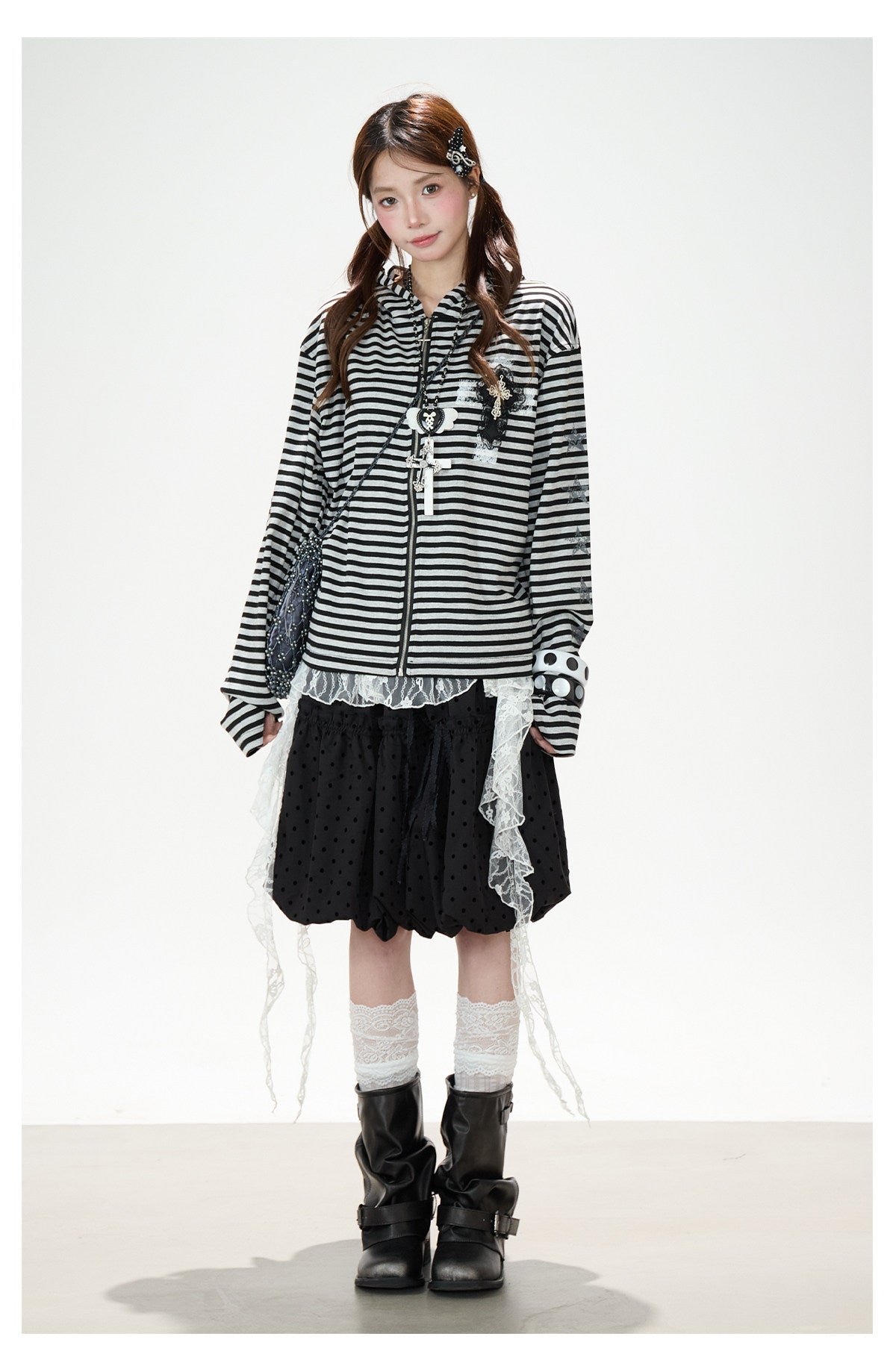 Lace Cross Stripe Zip-Up Hoodie & Black Polka-Dot Ruffle Midi Skirt