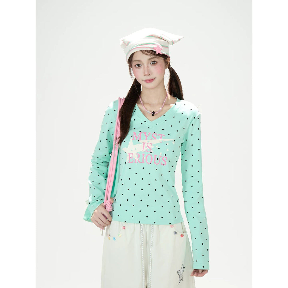 Polka-Dot V-Neck Long Sleeve Top & Star Music Note Wide-Leg Pants