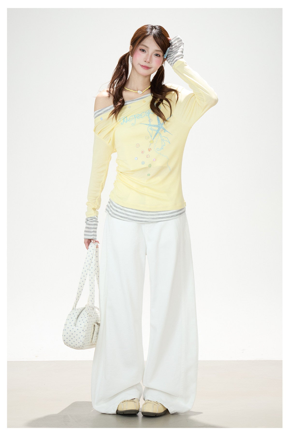 Starfish Off-Shoulder Layered Long Sleeve Top & White Wide-Leg Pants
