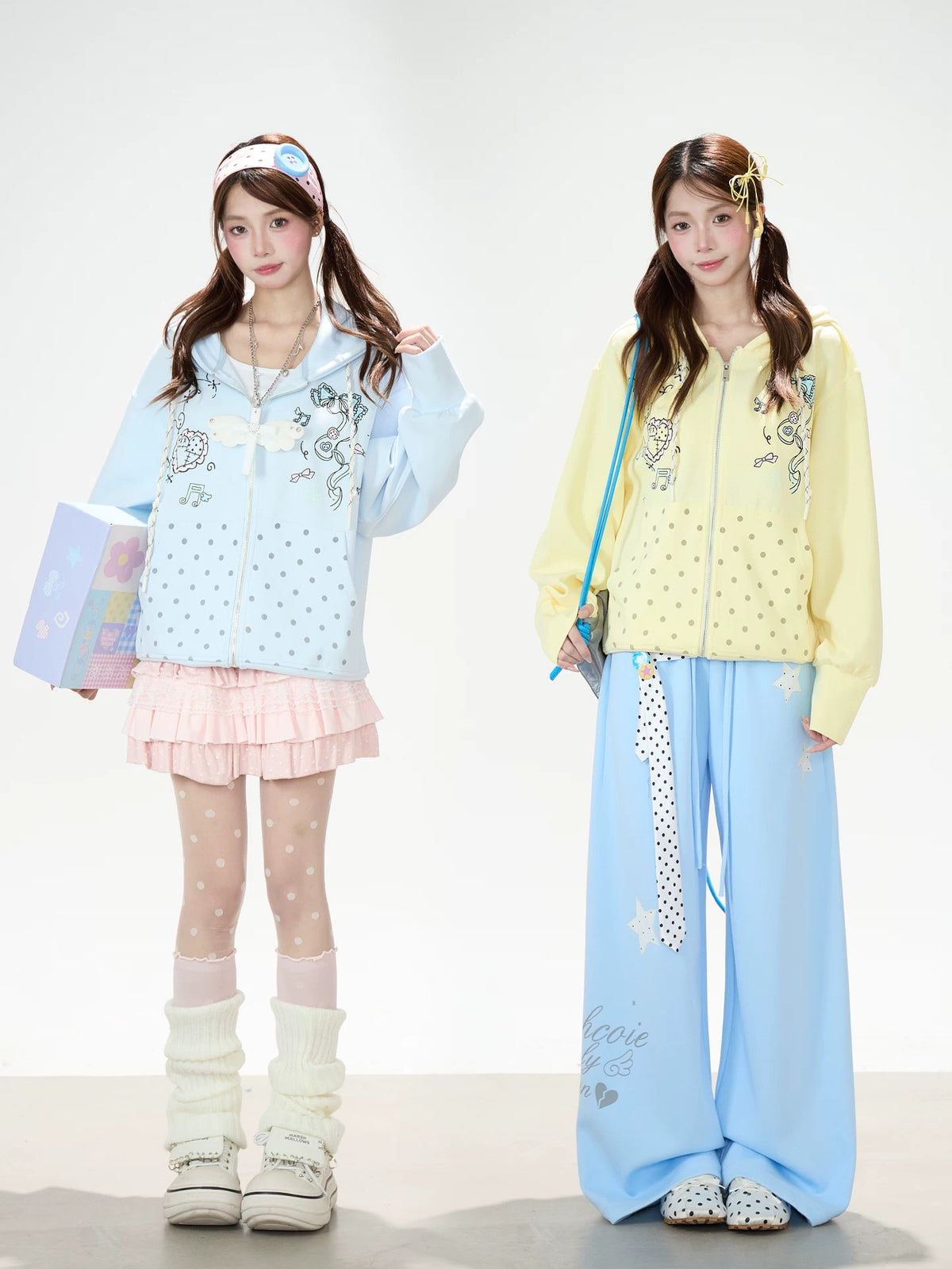 Hand-Drawn Polka-Dot Zip-Up Hoodie & Pink Ruffle Mini Skirt