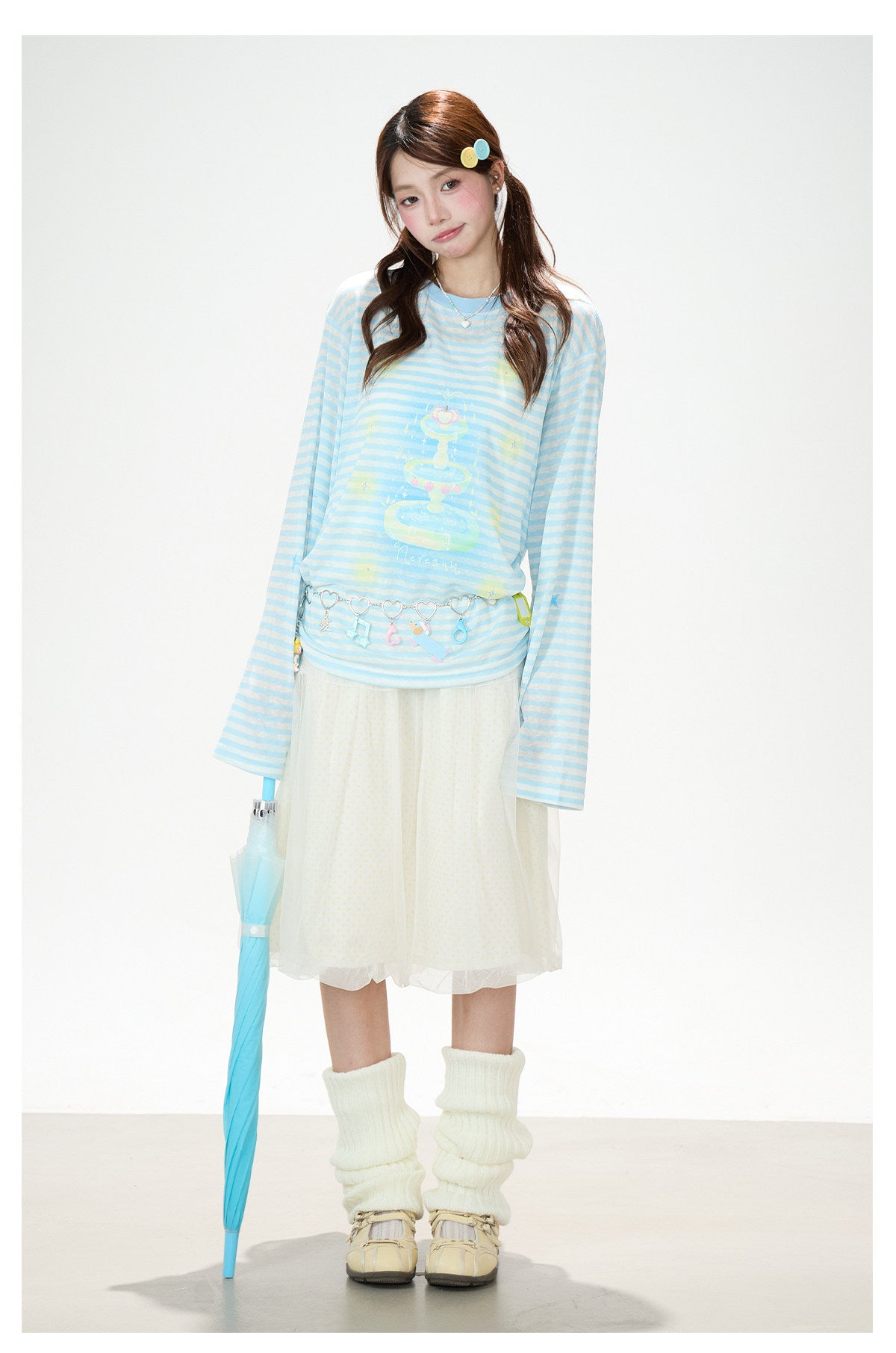 Pastel Stripe Cartoon Drawstring Long Sleeve Top & Khaki Wide-Leg Pants