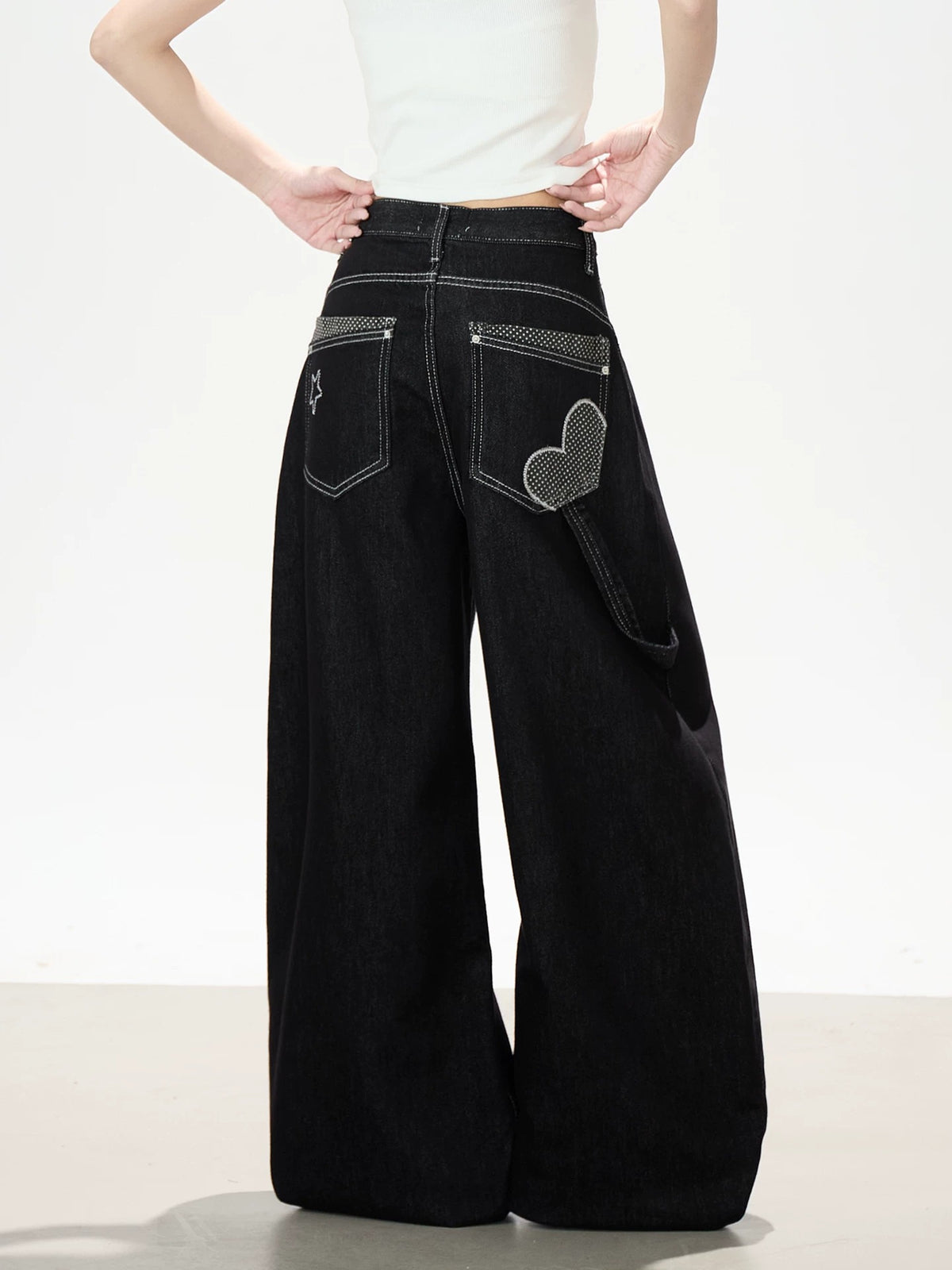Washed Black Curved Wide-Leg Jeans