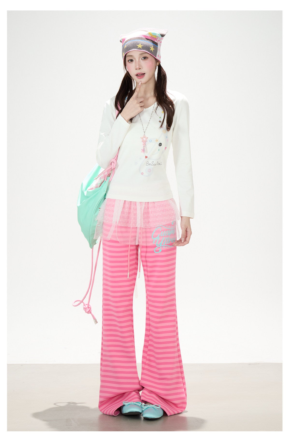 Music Note Star Button V-Neck Long Sleeve Top & Pink Stripe Wide-Leg Pants