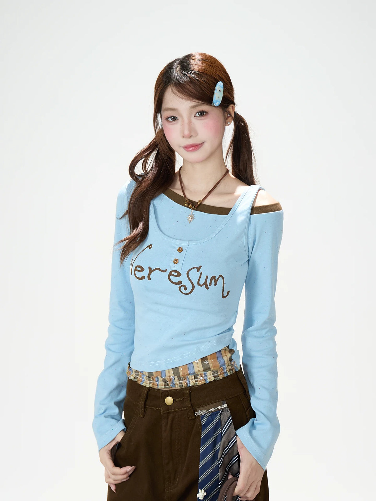 Letter Layered Long Sleeve Top & Coffee Wide-Leg Pants