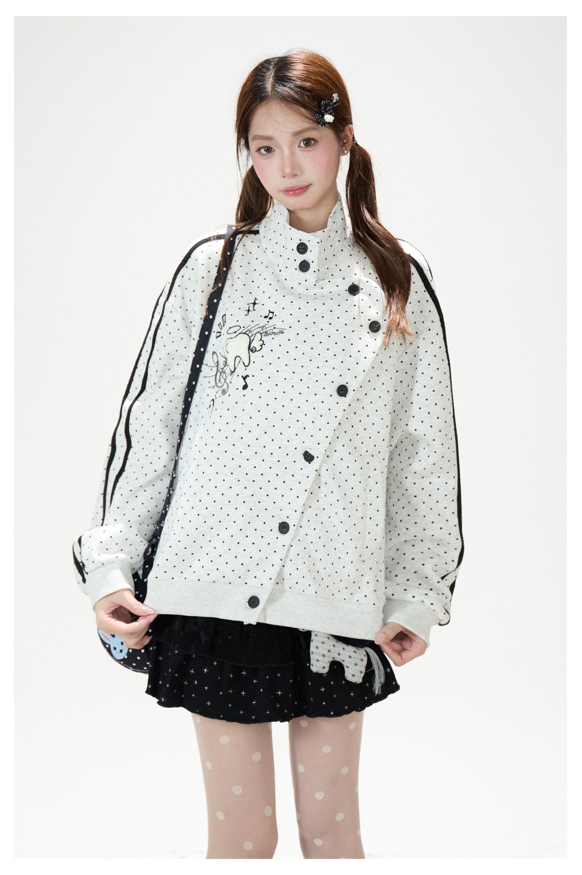 Polka-Dot Stripe Asymmetric Button Jacket & Black Tiered Mini Skirt
