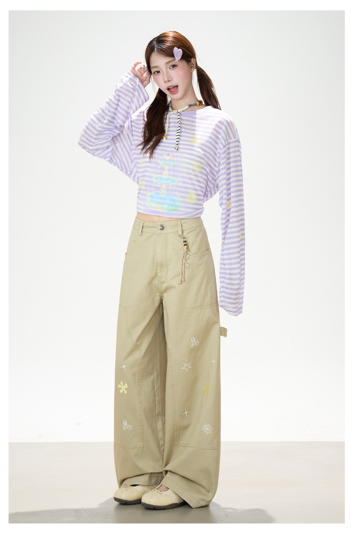 Khaki Embroidered Wide-Leg Cargo Pants
