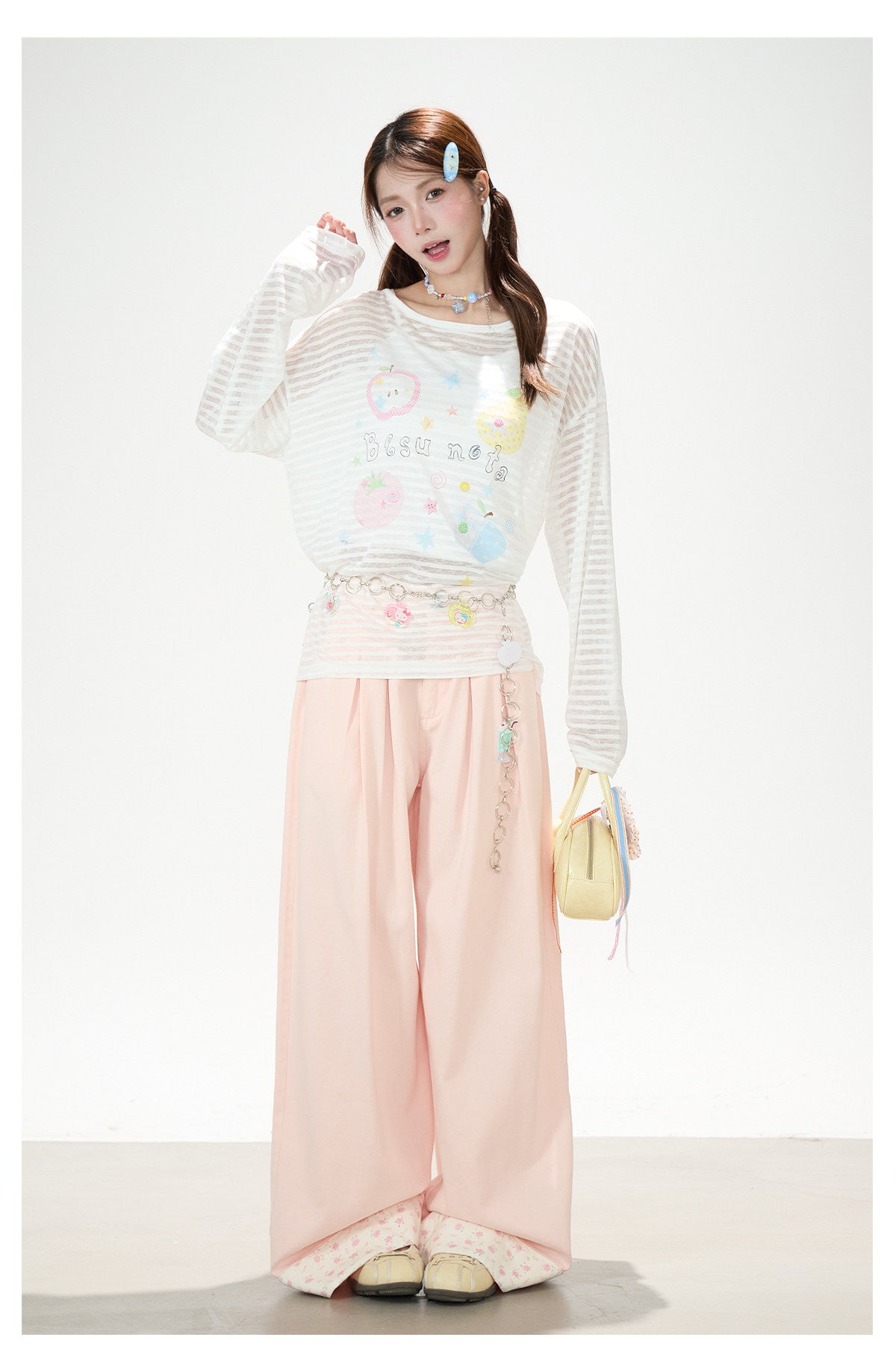 Playful Stripe Graphic Sheer Long Sleeve Top & Pink Wide-Leg Pants