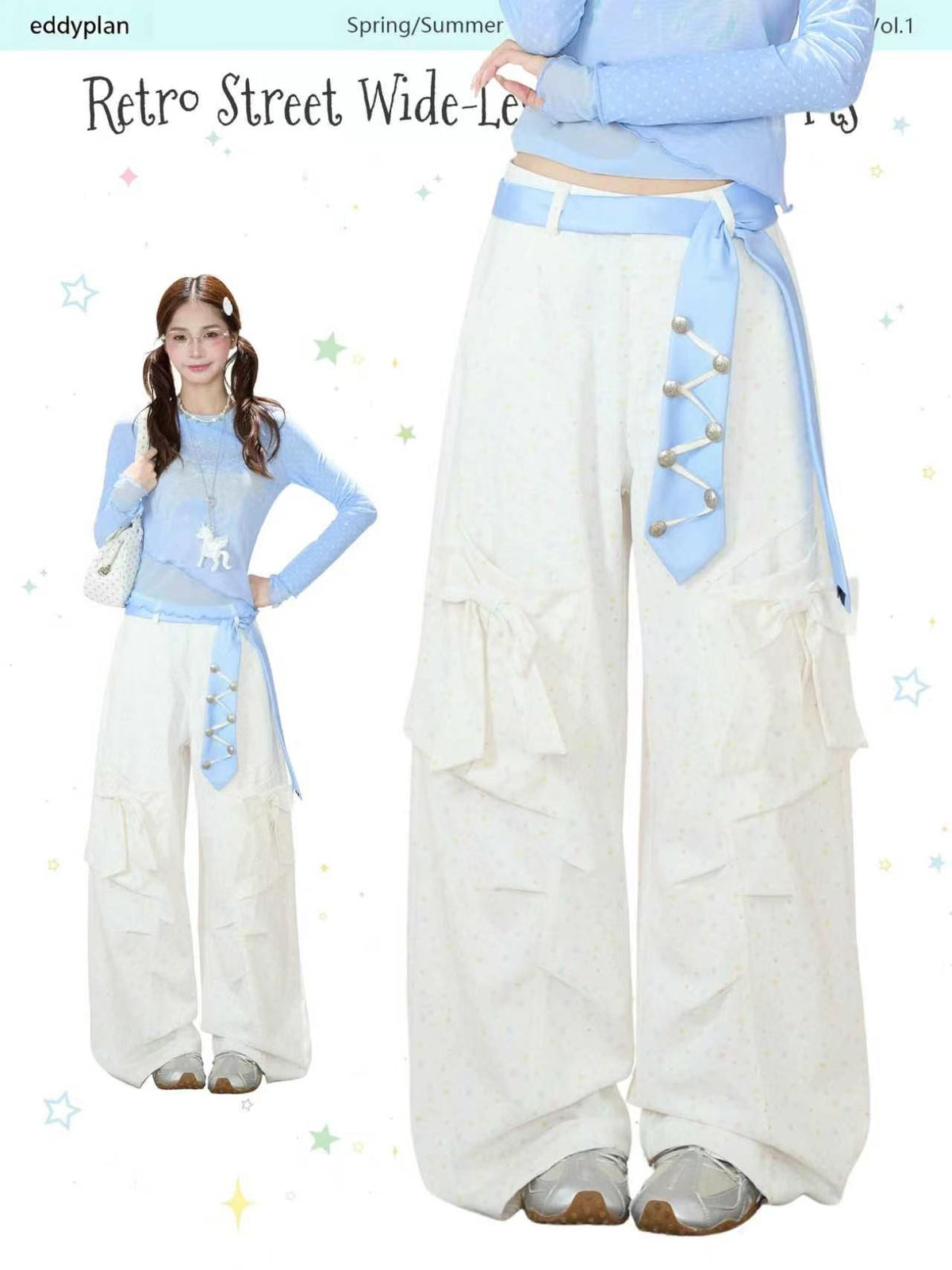 Pastel Star Bow Wide-Leg Cargo Pants