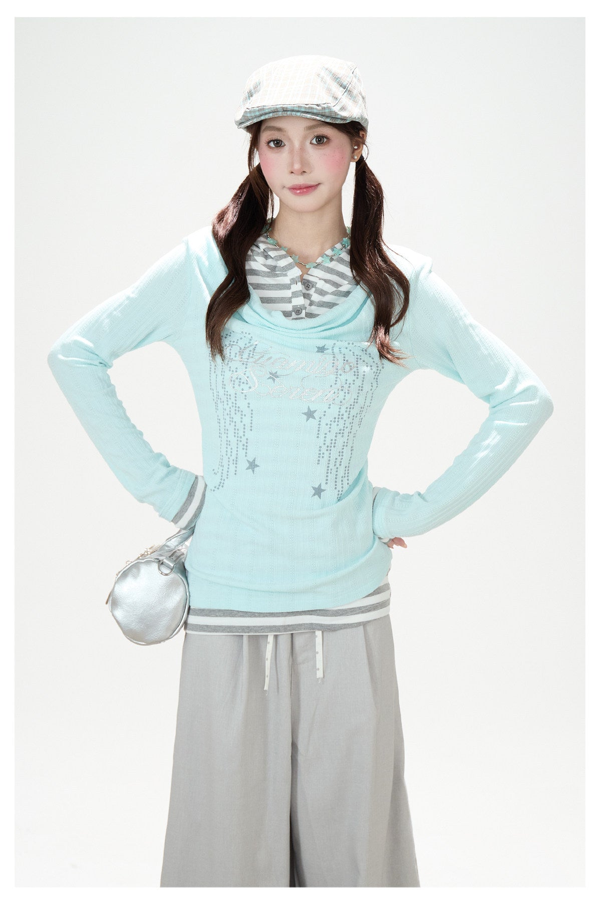 Angel Wing Graphic Hooded Stripe Layered Long Sleeve Top
