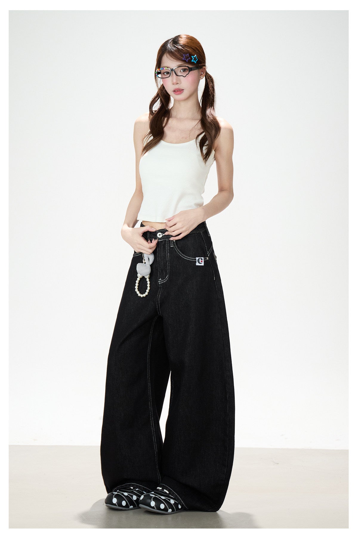 Washed Black Curved Wide-Leg Jeans