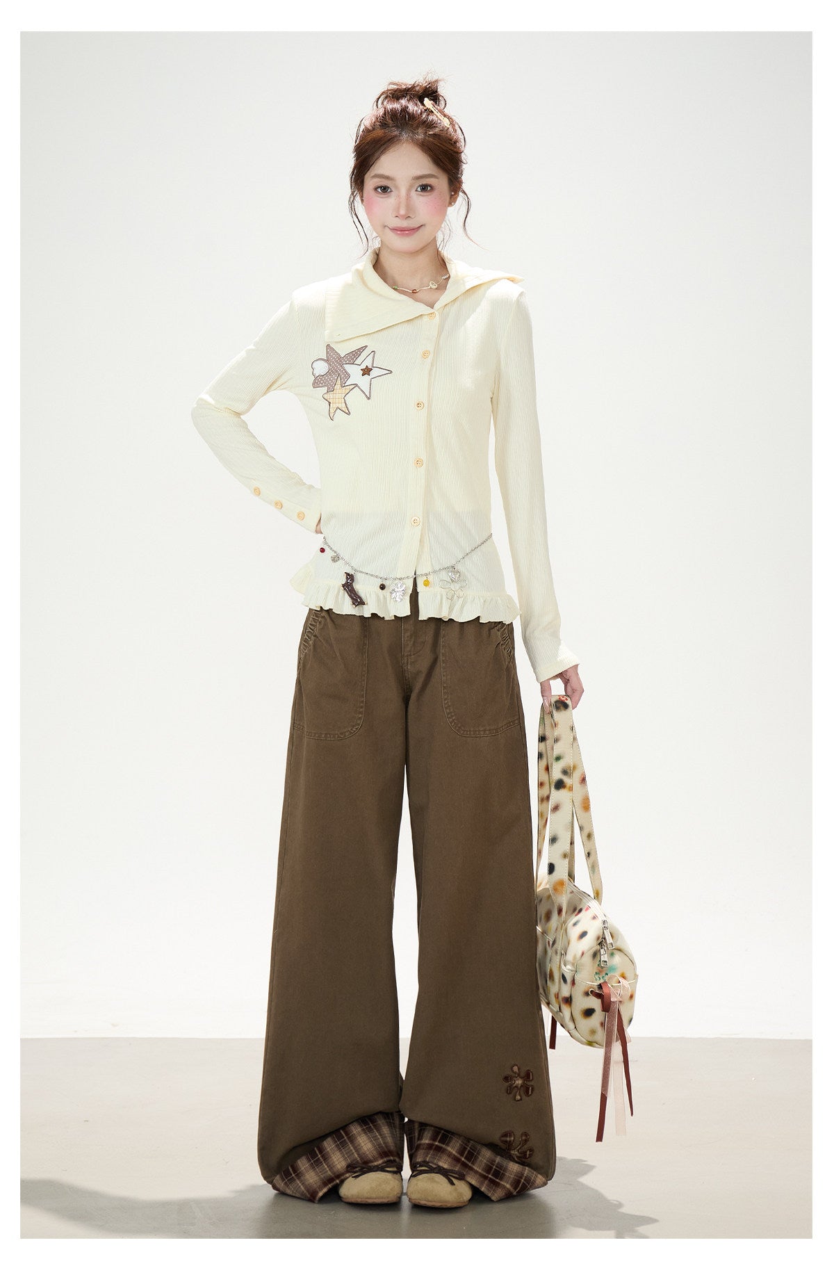 Star Patch Ruffle-Hem Collared Cardigan & Brown Plaid-Cuff Wide-Leg Pants