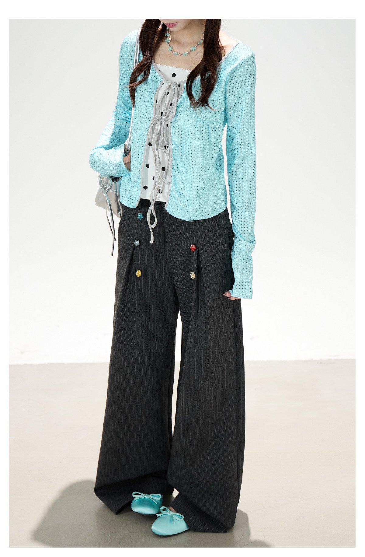 Pinstripe Button Wide-Leg Pants