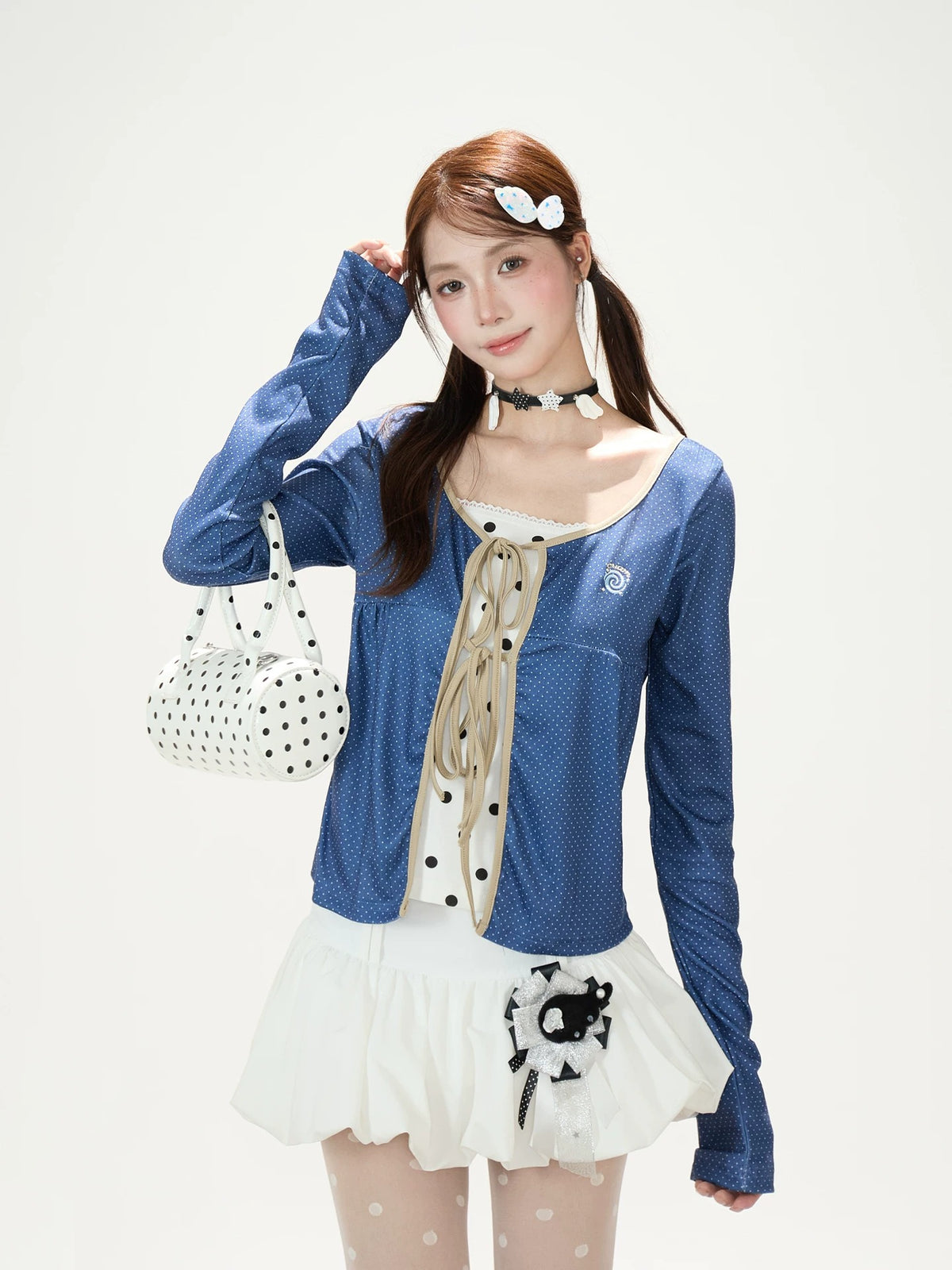 Polka-Dot Lace-Up Layered Long Sleeve Top & White Mini Skirt