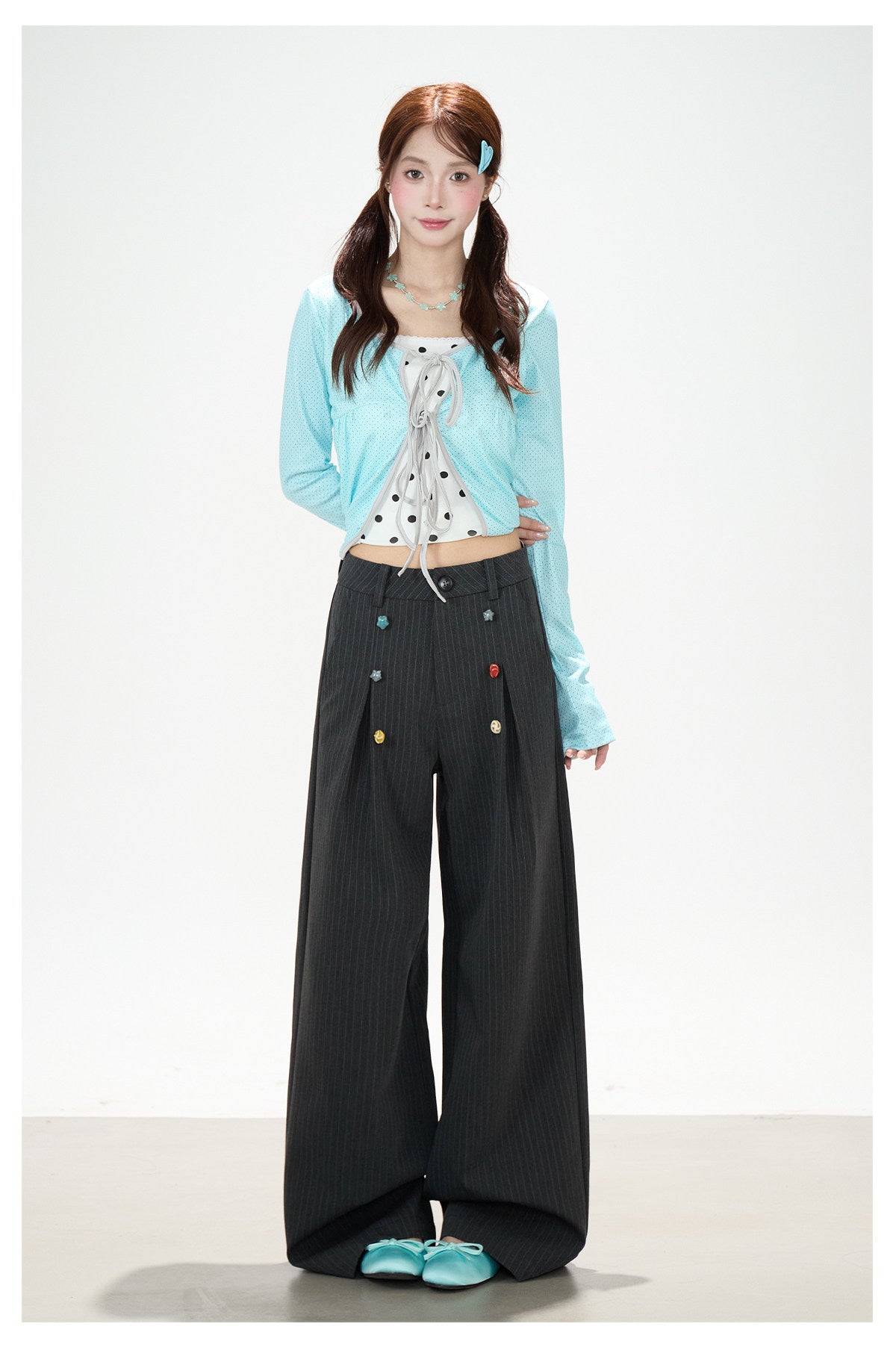 Pinstripe Button Wide-Leg Pants
