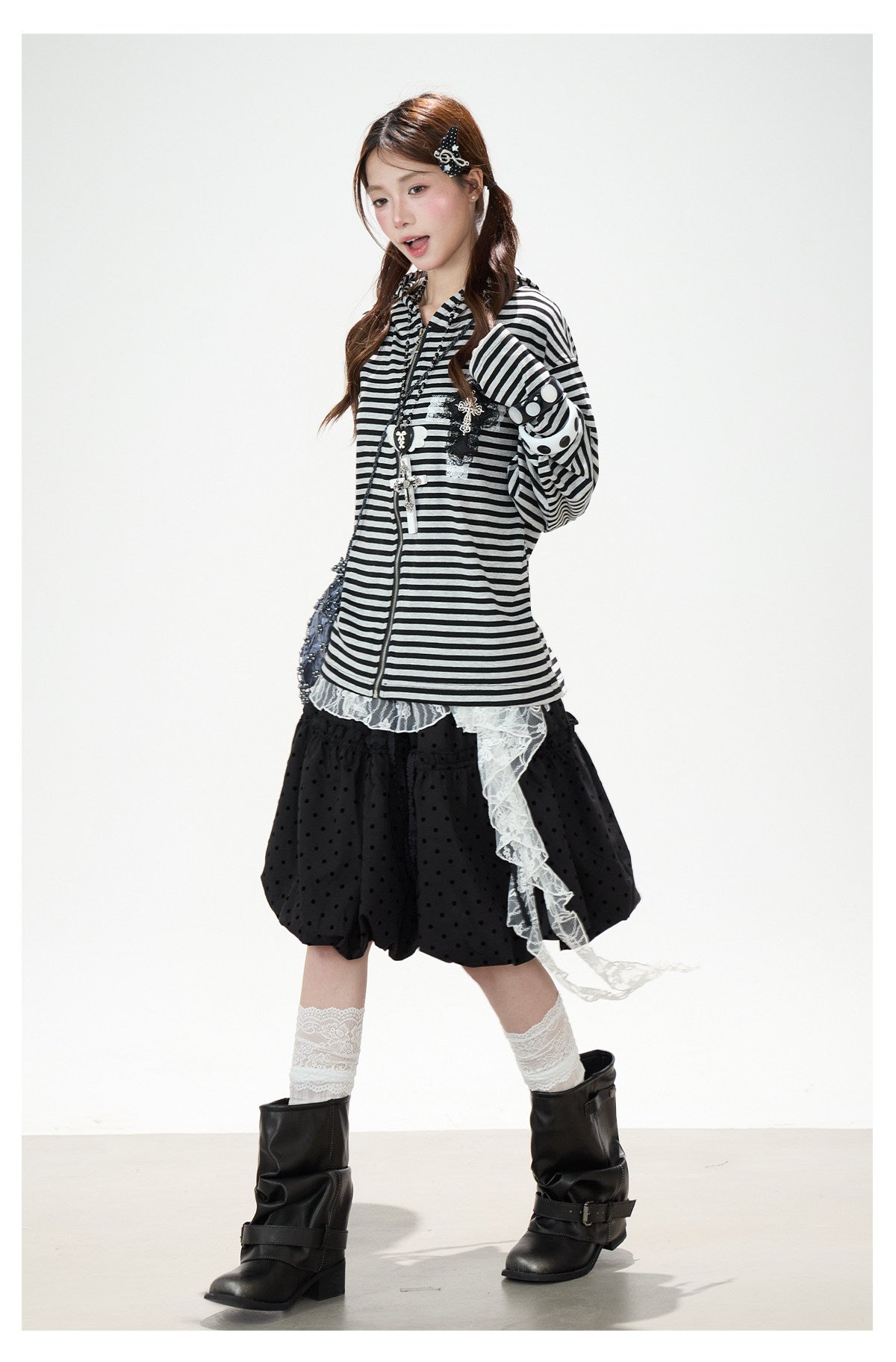 Lace Cross Stripe Zip-Up Hoodie & Black Polka-Dot Ruffle Midi Skirt