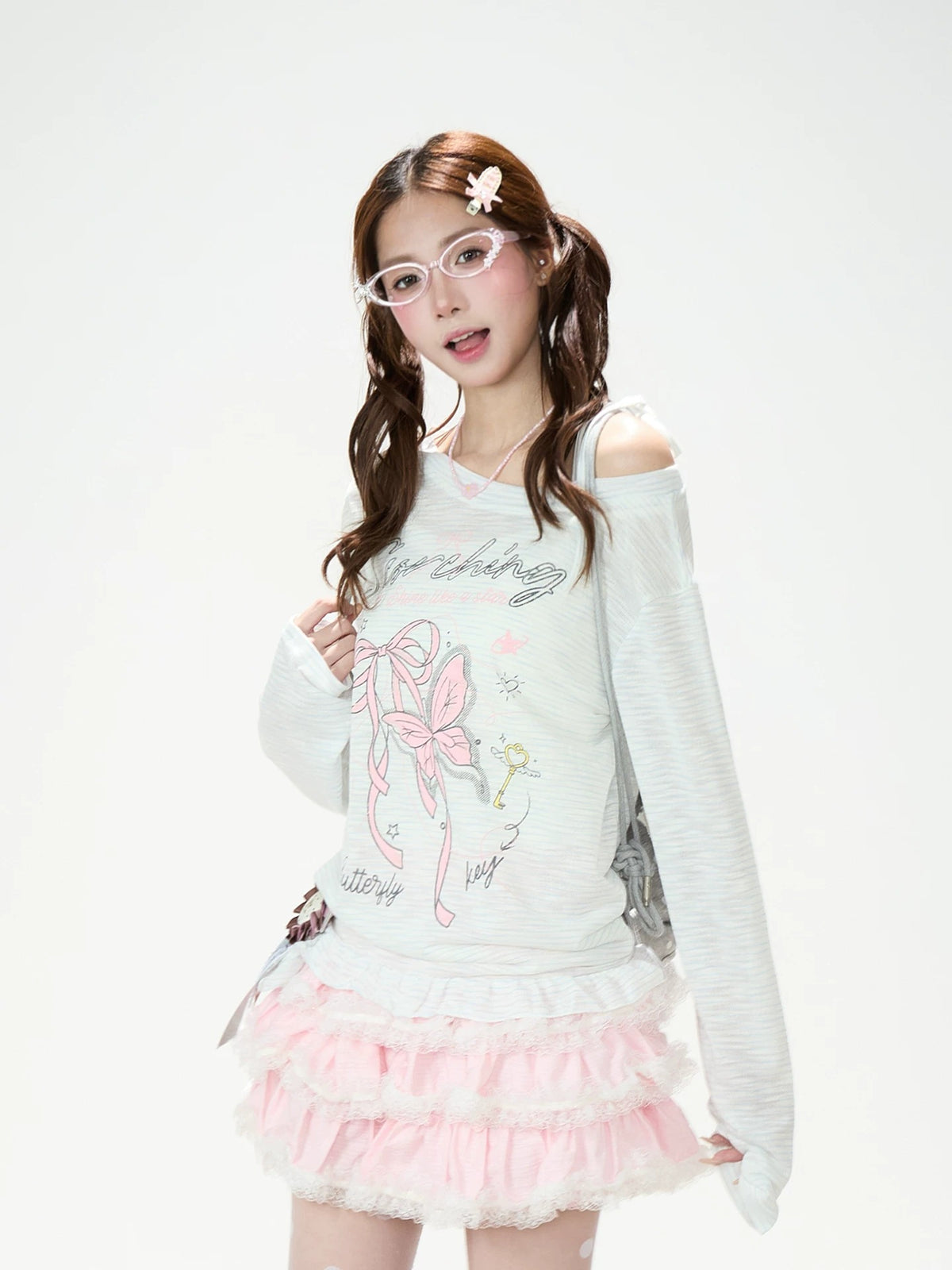 Bow Stripe Off-Shoulder Long Sleeve Top & Pink Wide-Leg Pants