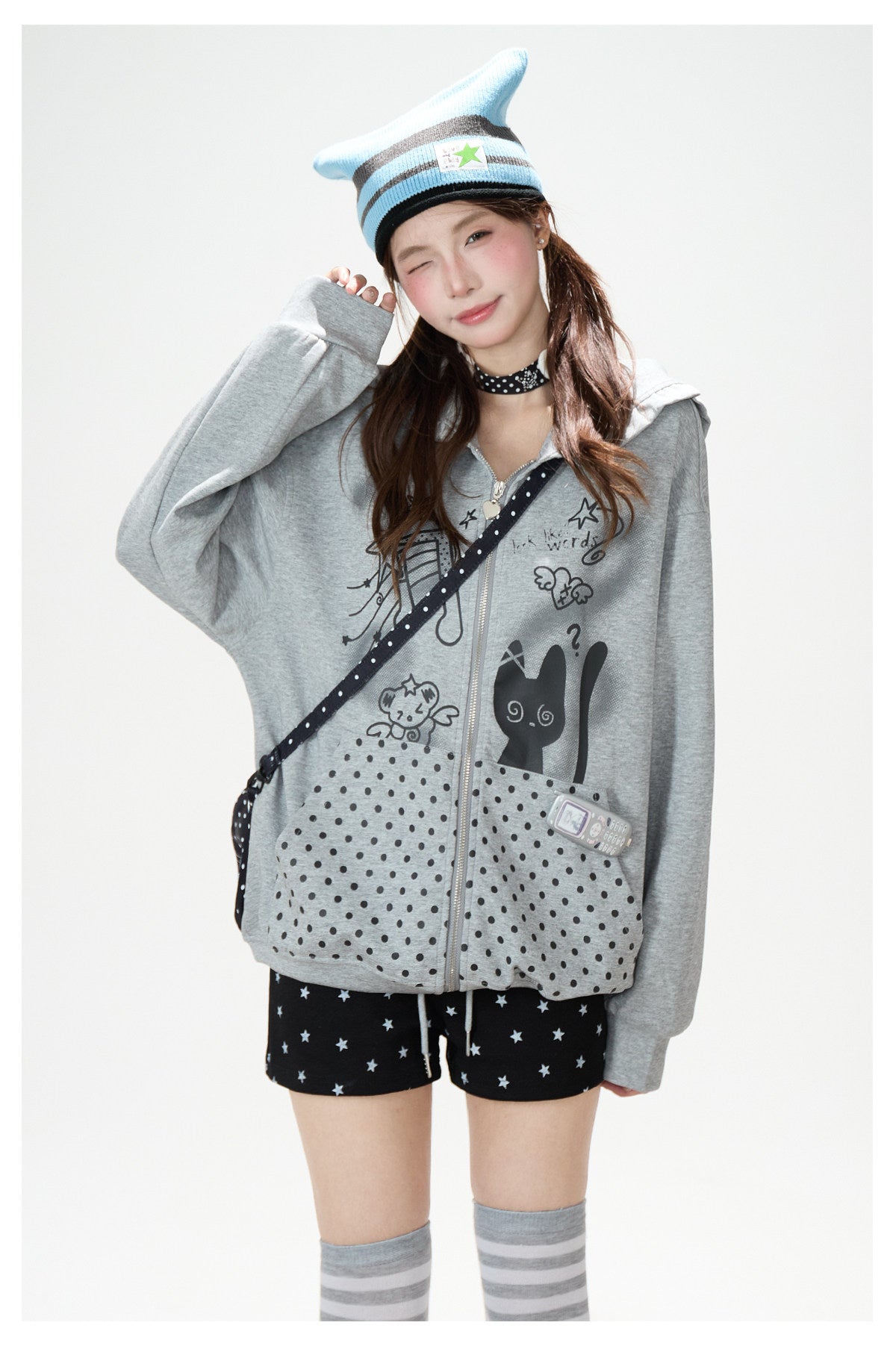 Cartoon Polka-Dot Zip-Up Hoodie & Star Print Shorts