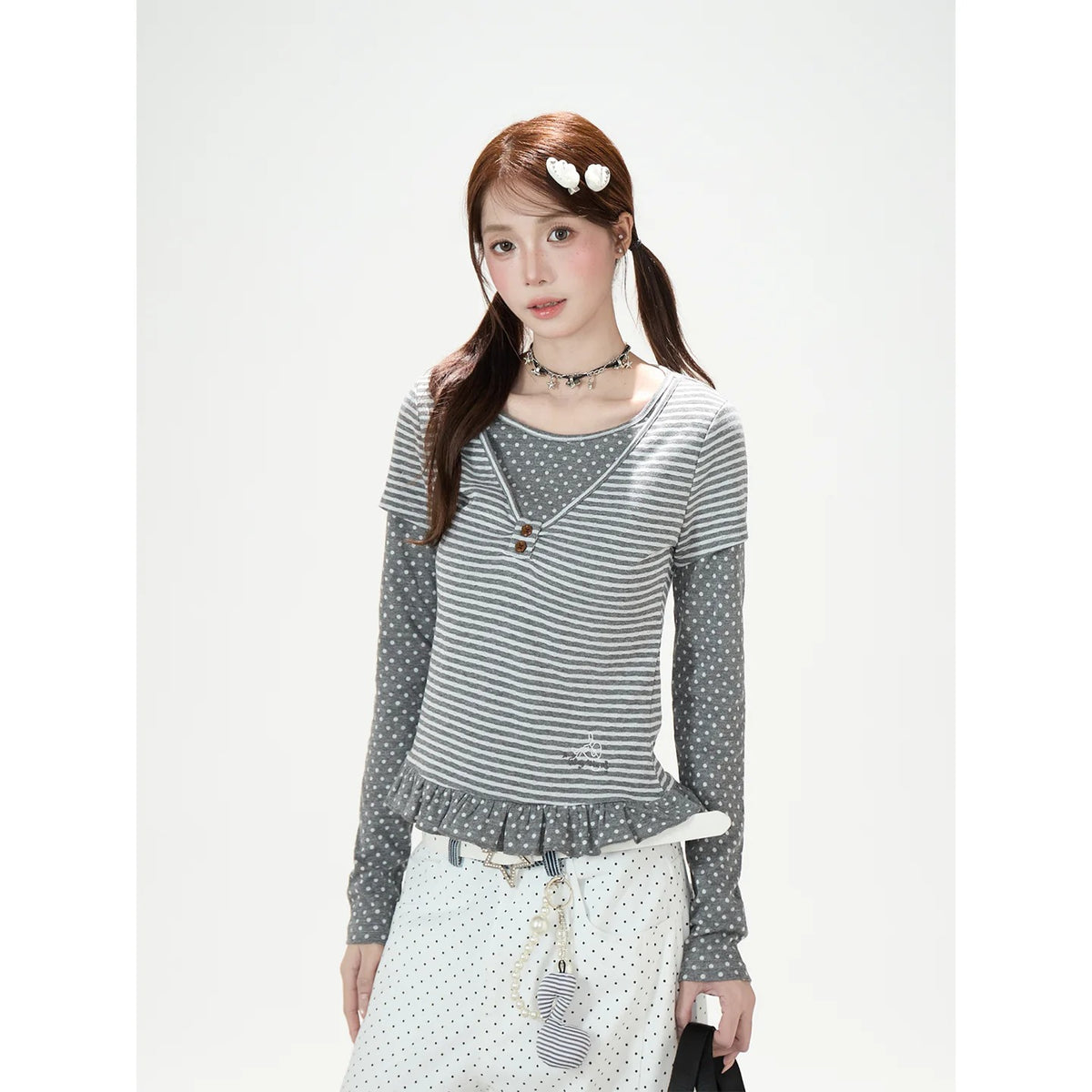 Polka-Dot Stripe Layered Long Sleeve Top & Embroidered Khaki Wide-Leg Cargo Pants