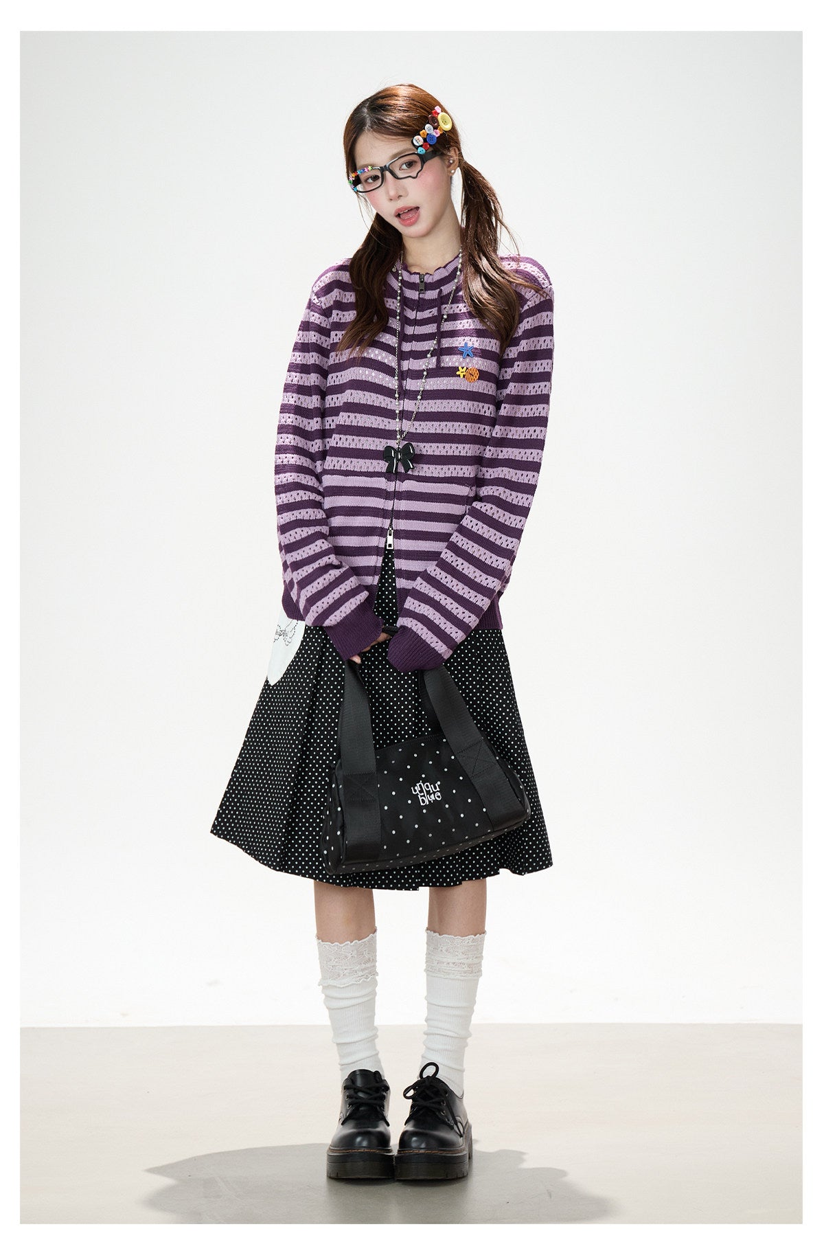 Striped Openwork Knit Cardigan & Black Polka-Dot Pleated Midi Skirt