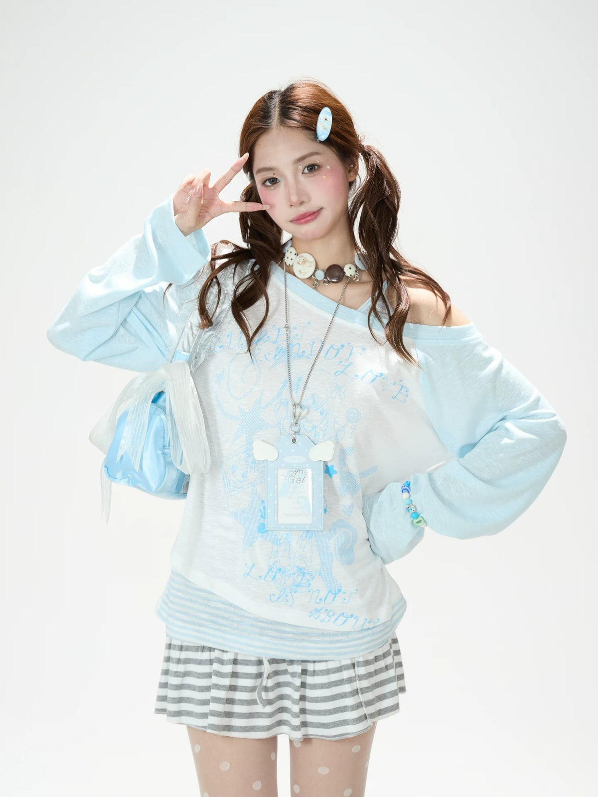 Cartoon Girl Off-Shoulder Long Sleeve Top & Asymmetric Polka-Dot Mini Skirt
